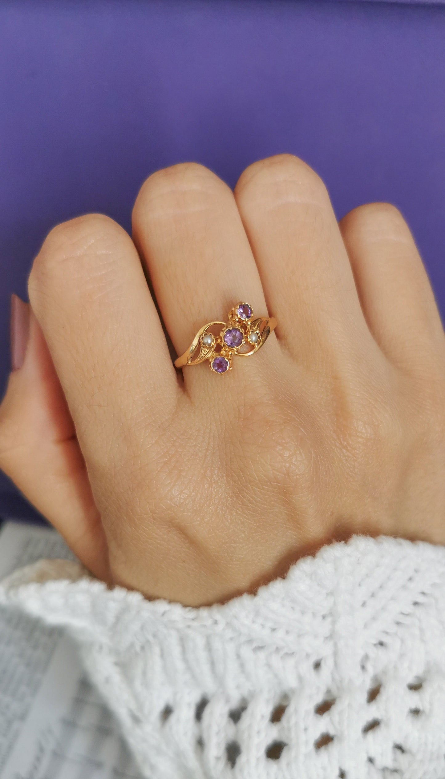 18K Gold Art Nouveau Amethyst & Pearl Ring - 1900s Antique