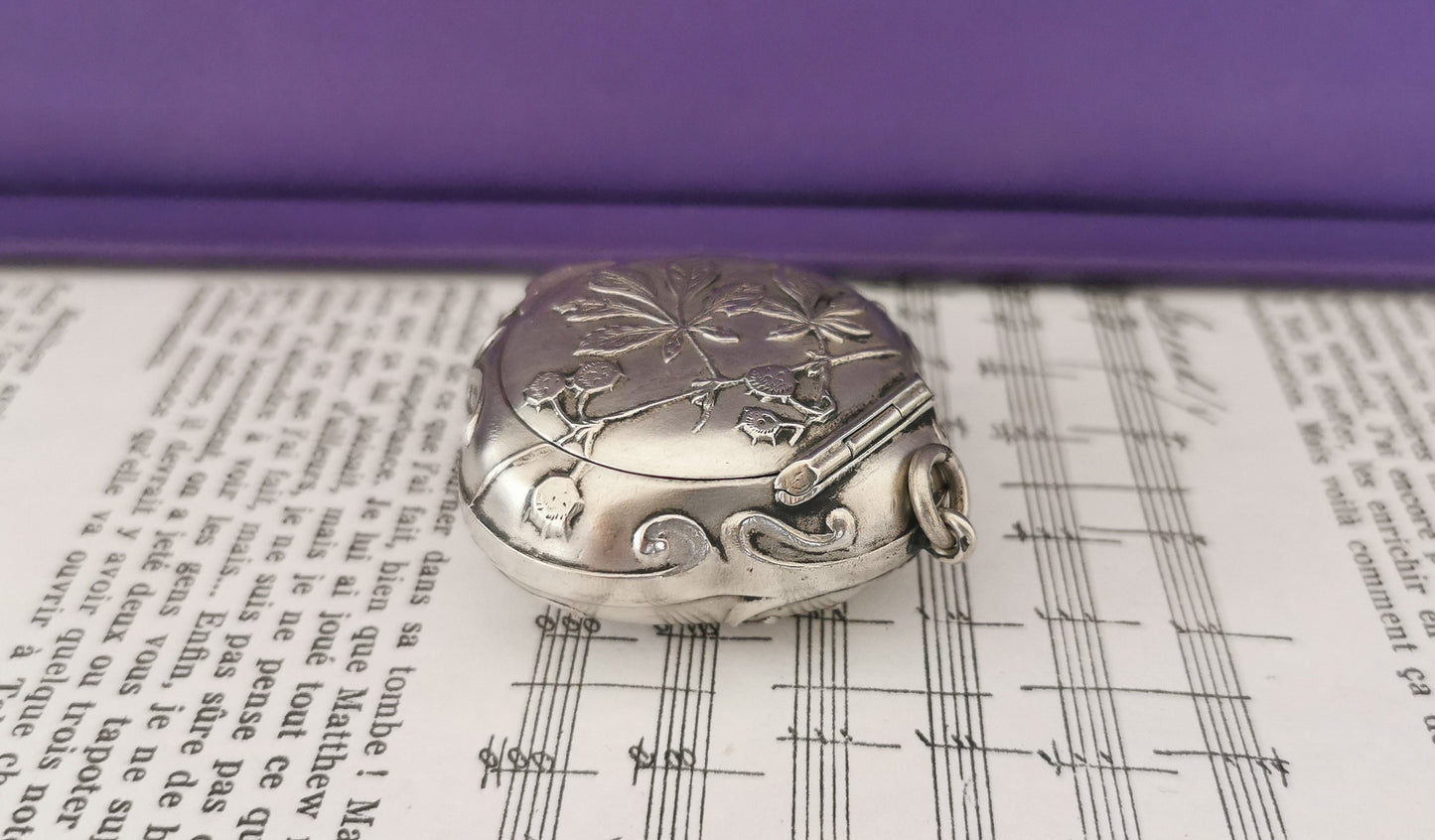 Art Nouveau Silver Repousse Pill Box Pendant - Murat Antique Locket