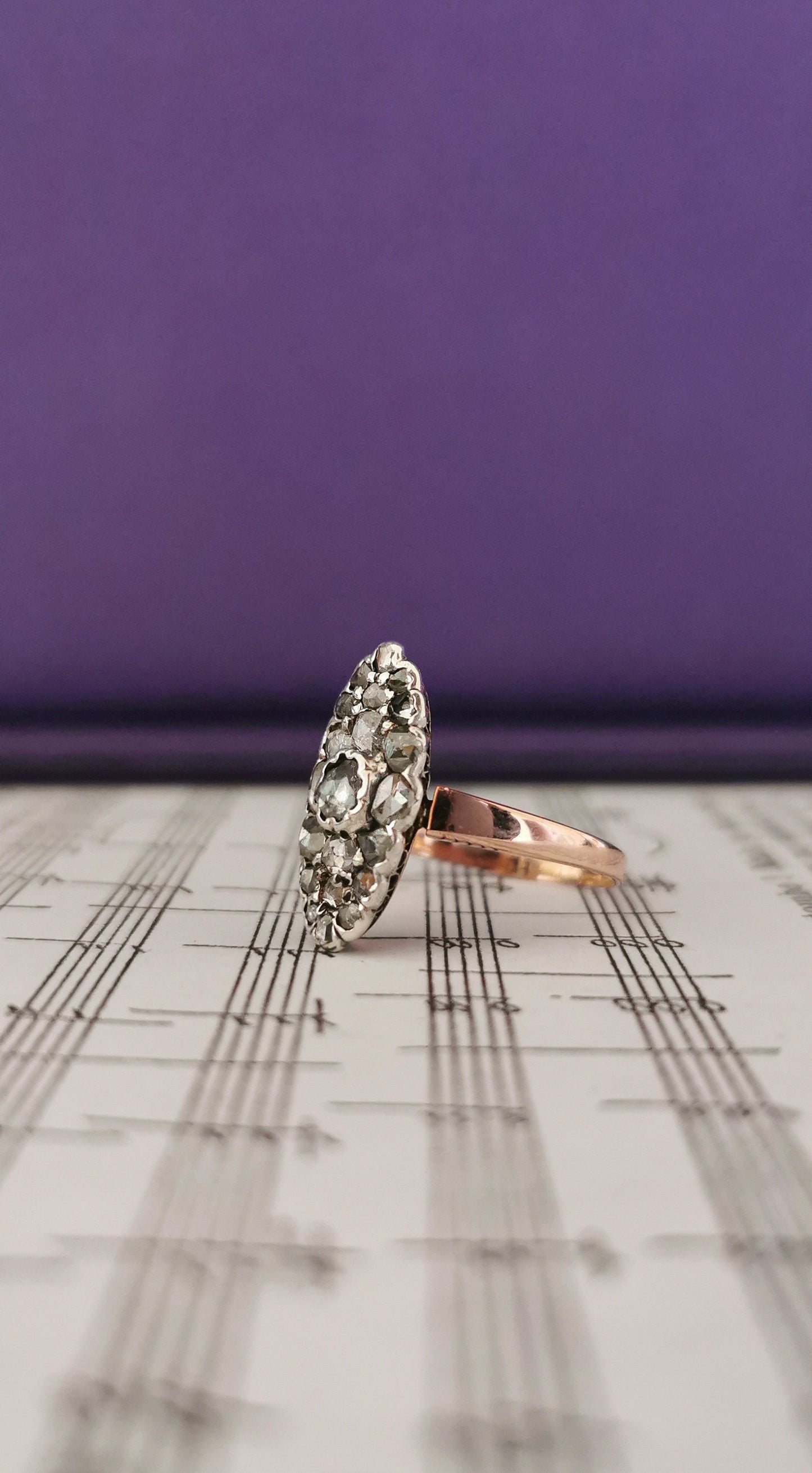 Edwardian Diamond Marquise Ring: 18k Two-Tone Gold Antique Engagement Ring