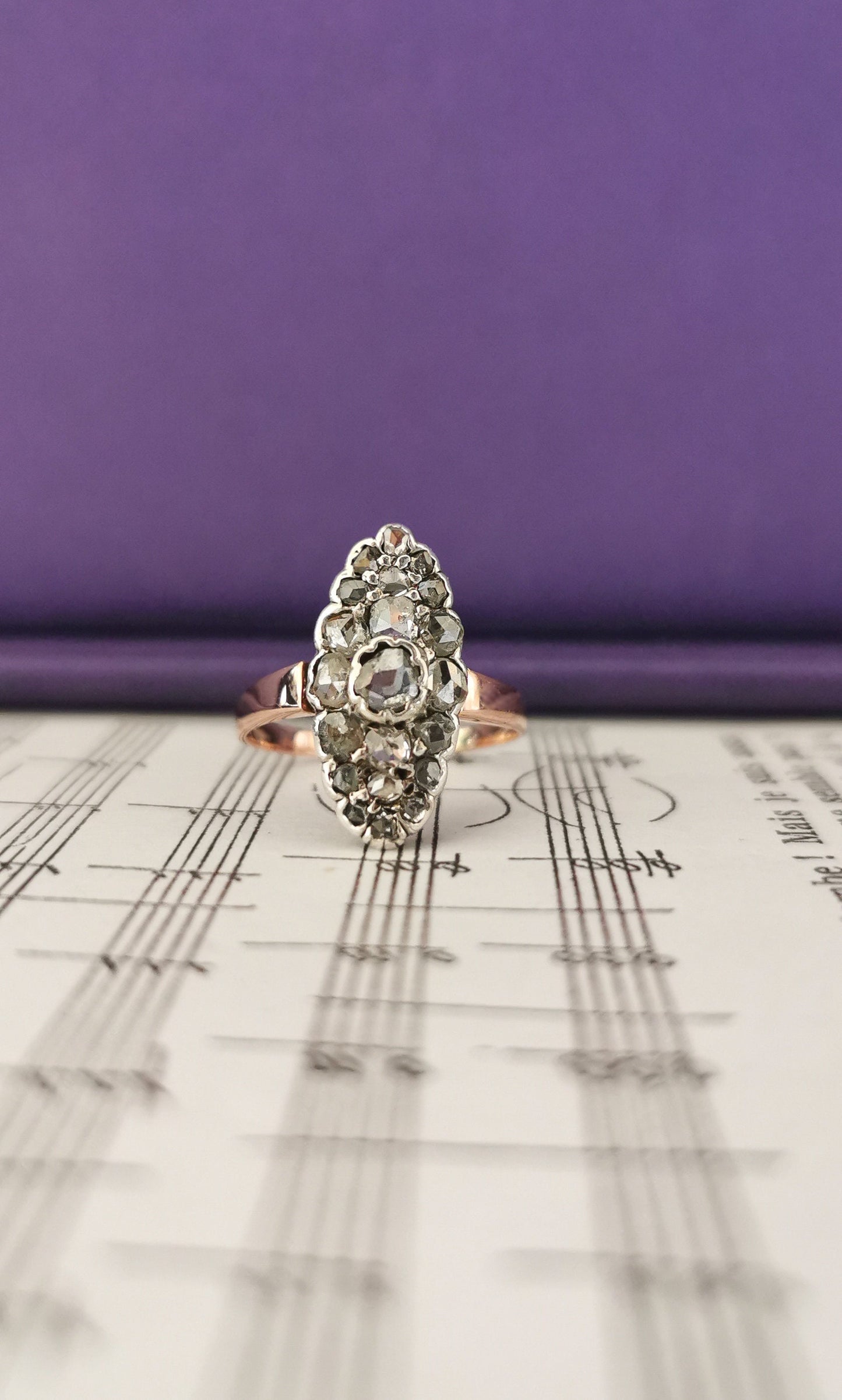 Edwardian Diamond Marquise Ring: 18k Two-Tone Gold Antique Engagement Ring