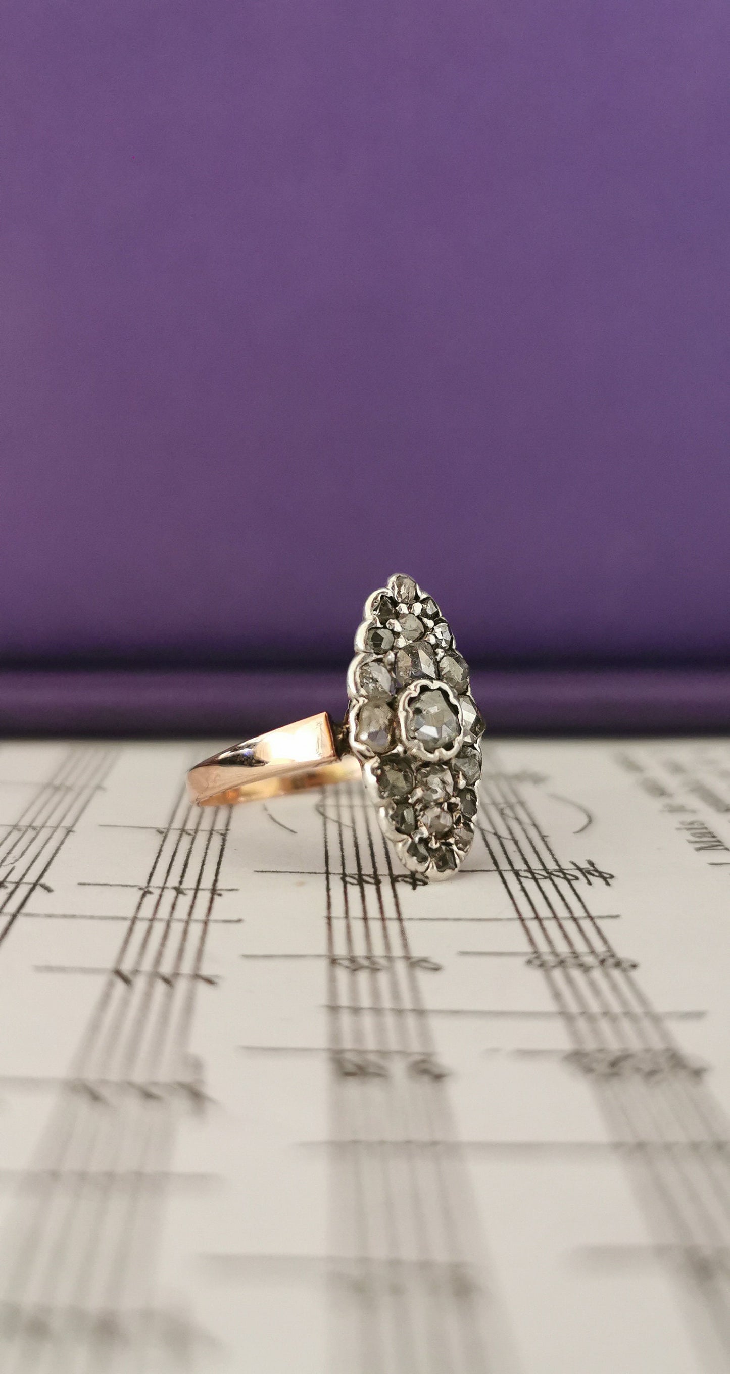 Edwardian Diamond Marquise Ring: 18k Two-Tone Gold Antique Engagement Ring
