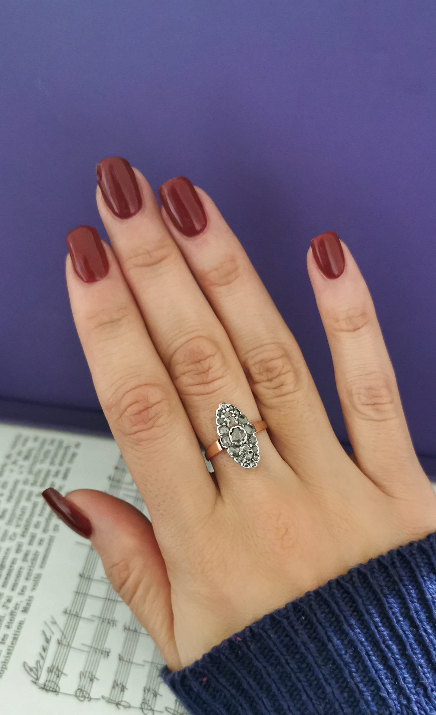 Edwardian Diamond Marquise Ring: 18k Two-Tone Gold Antique Engagement Ring