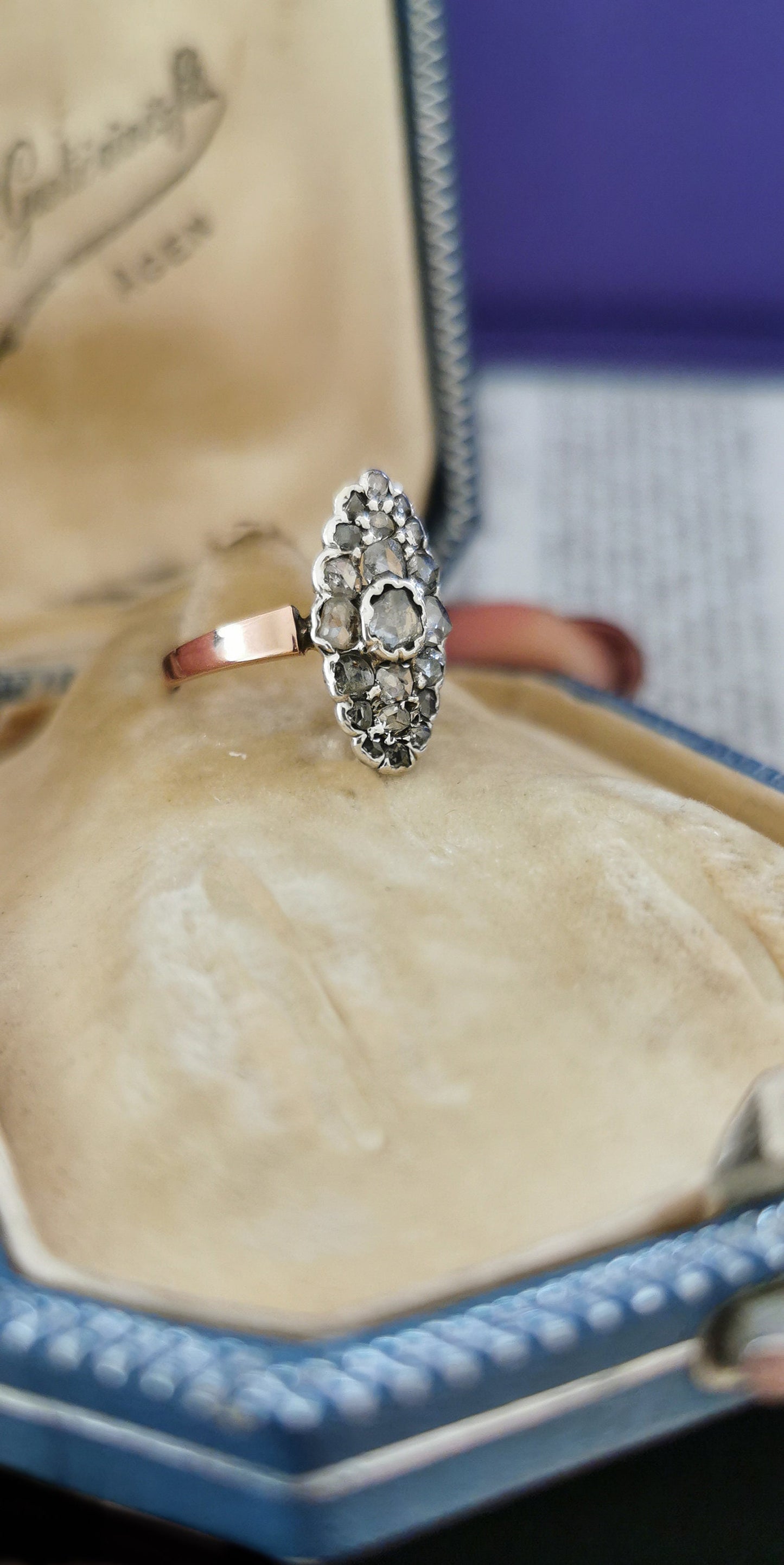 Edwardian Diamond Marquise Ring: 18k Two-Tone Gold Antique Engagement Ring