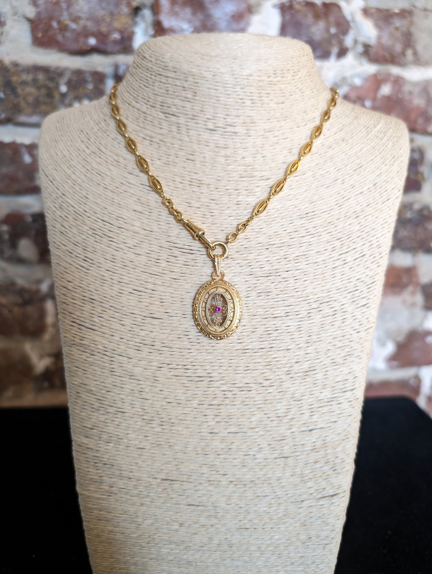 18K Gold Victorian Garnet Pendant: Antique Filigree Jewelry