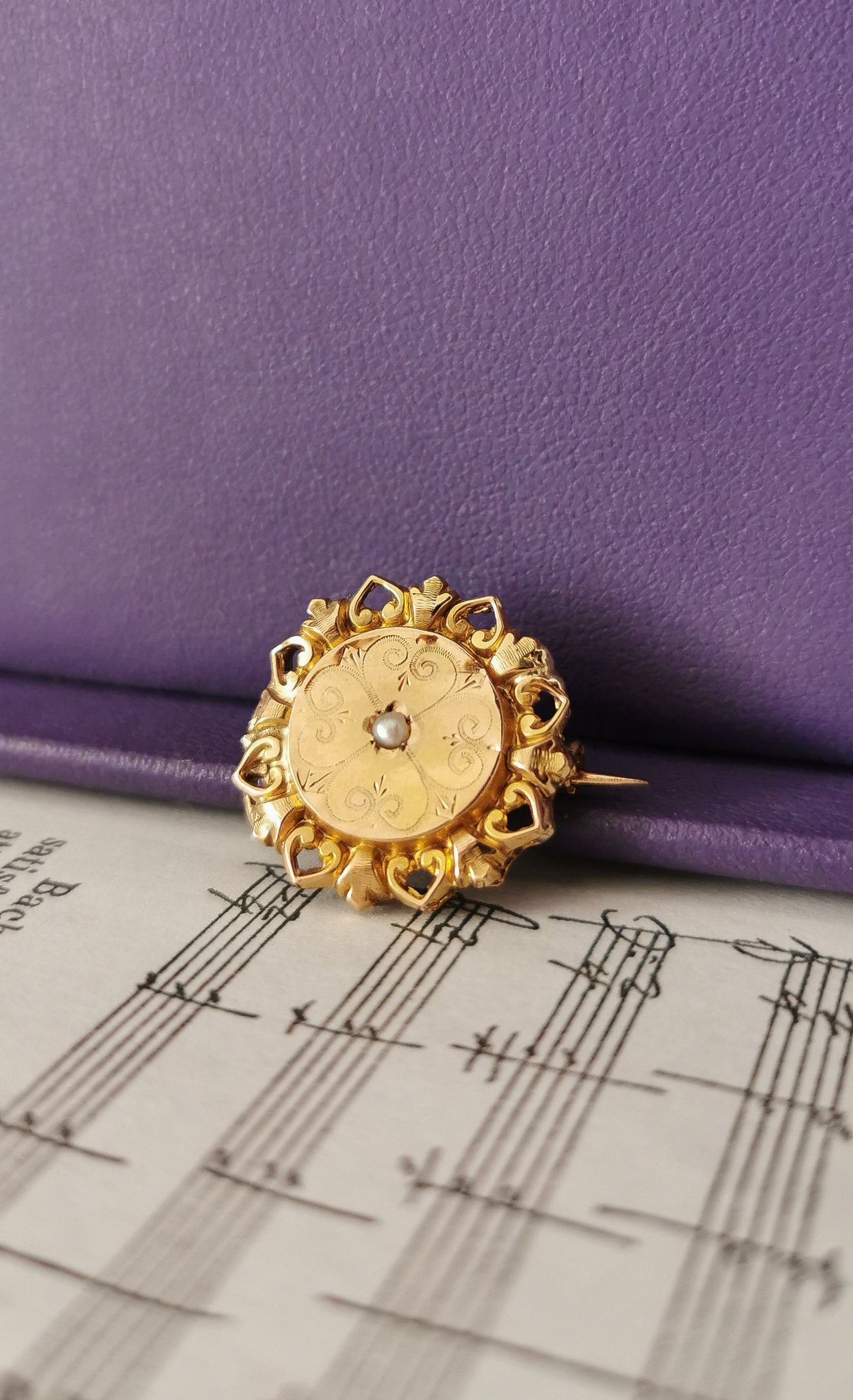 18K Gold Brooch: Antique French Victorian Seed Pearl Brooch