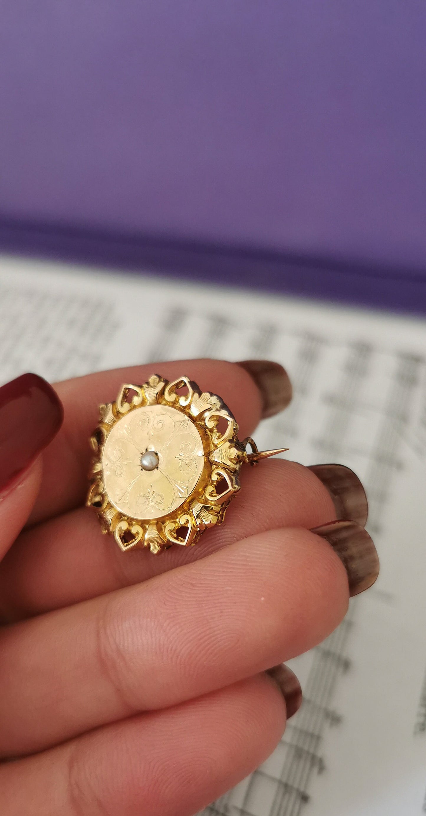 18K Gold Brooch: Antique French Victorian Seed Pearl Brooch