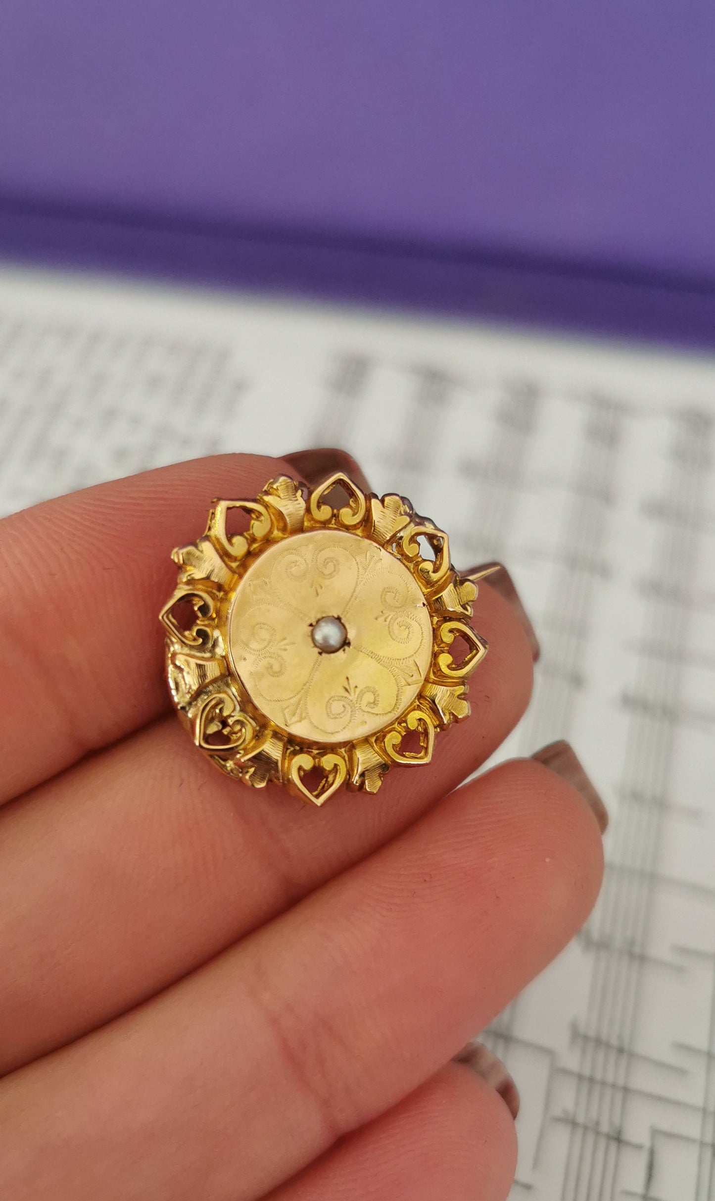 18K Gold Brooch: Antique French Victorian Seed Pearl Brooch