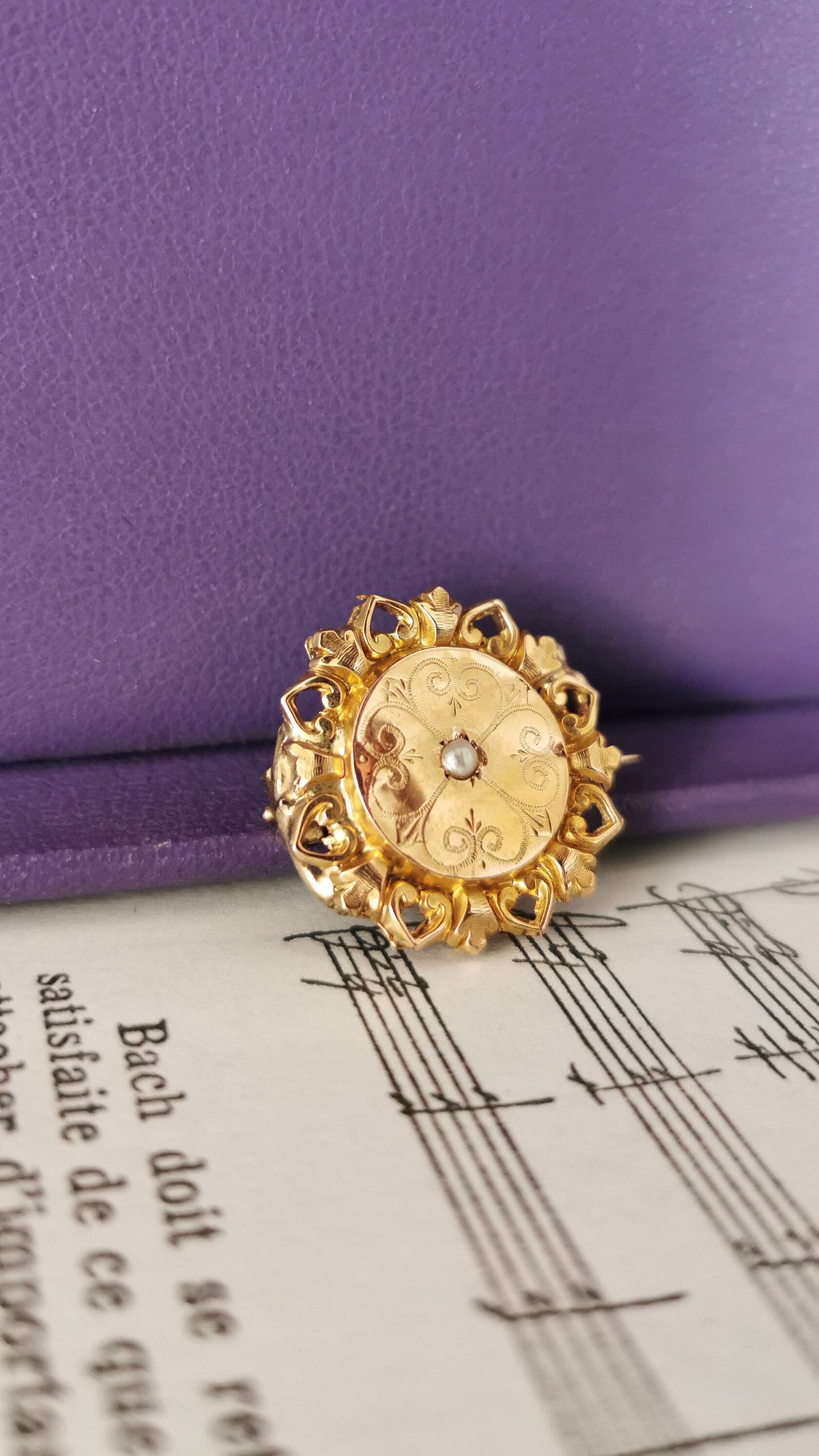 18K Gold Brooch: Antique French Victorian Seed Pearl Brooch