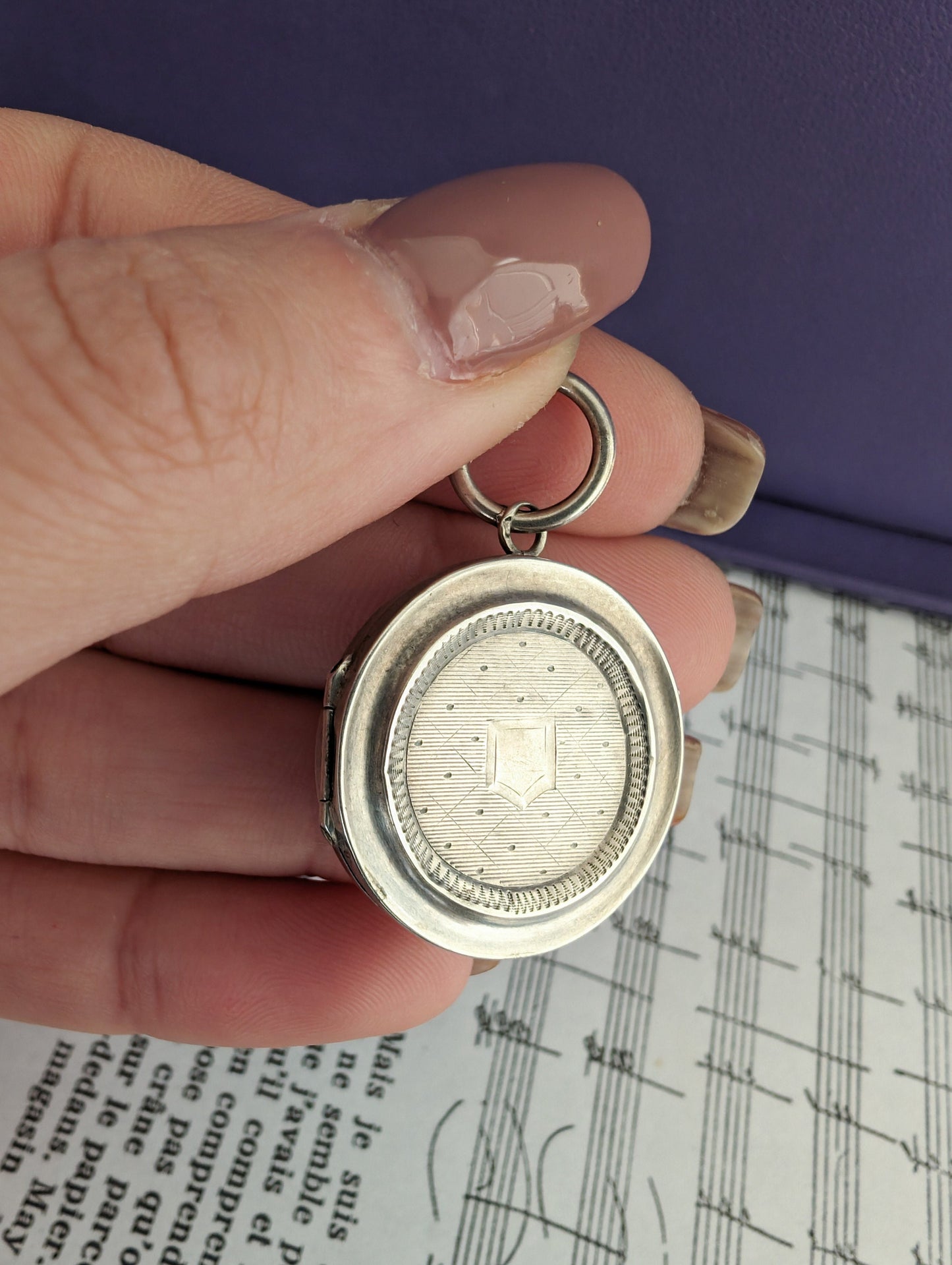 Antique French Edwardian Silver Locket: Engraved Design