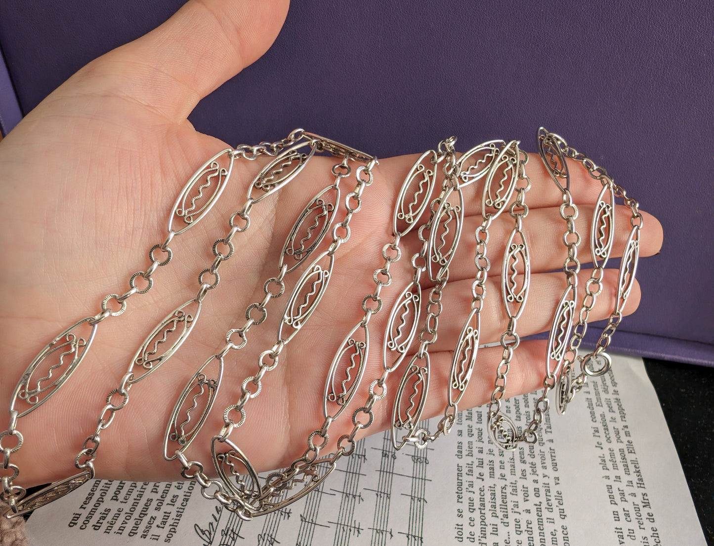 Antique French Silver Filigree Longuard Necklace: Art Nouveau Chain