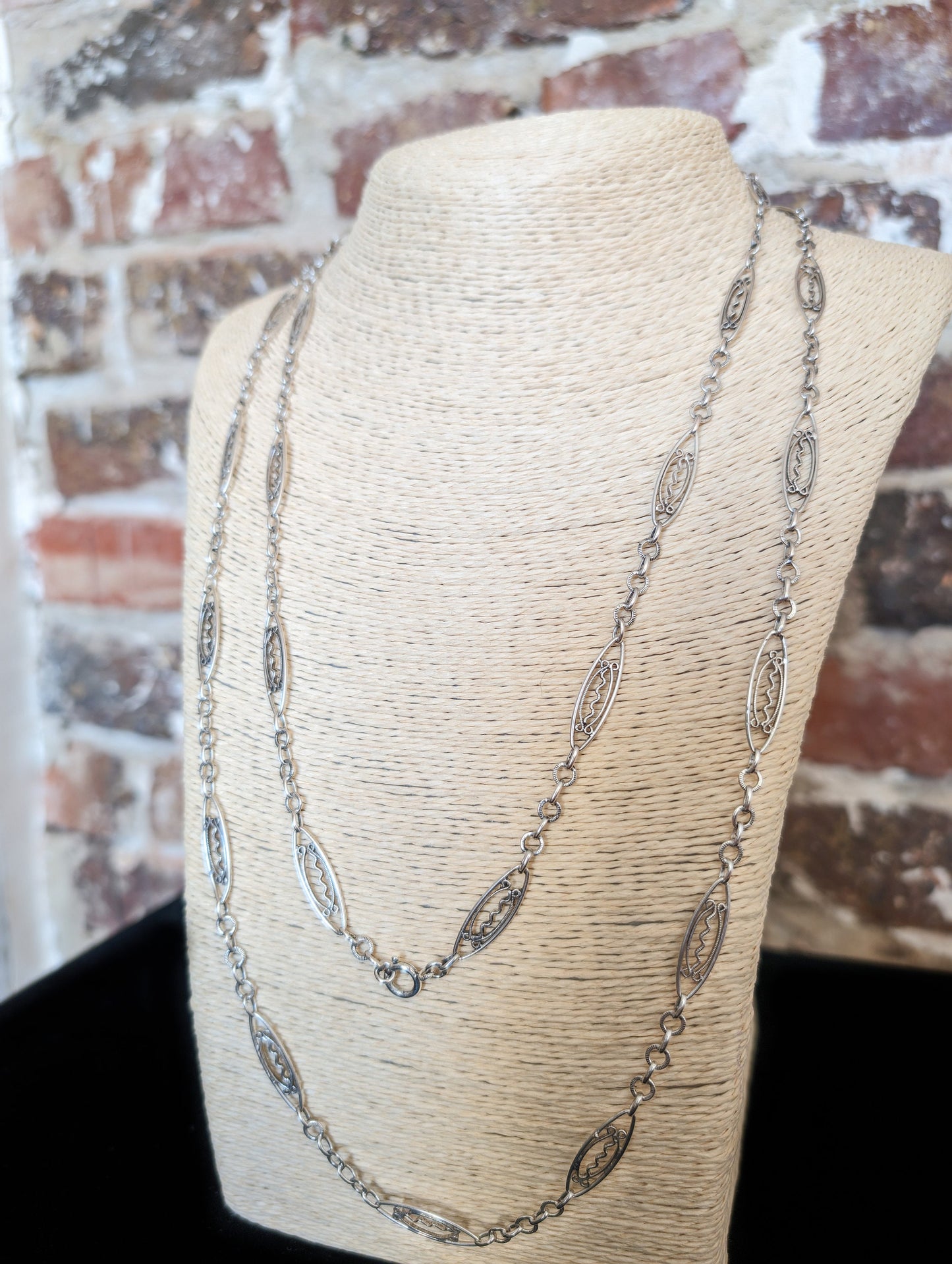 Antique French Silver Filigree Longuard Necklace: Art Nouveau Chain