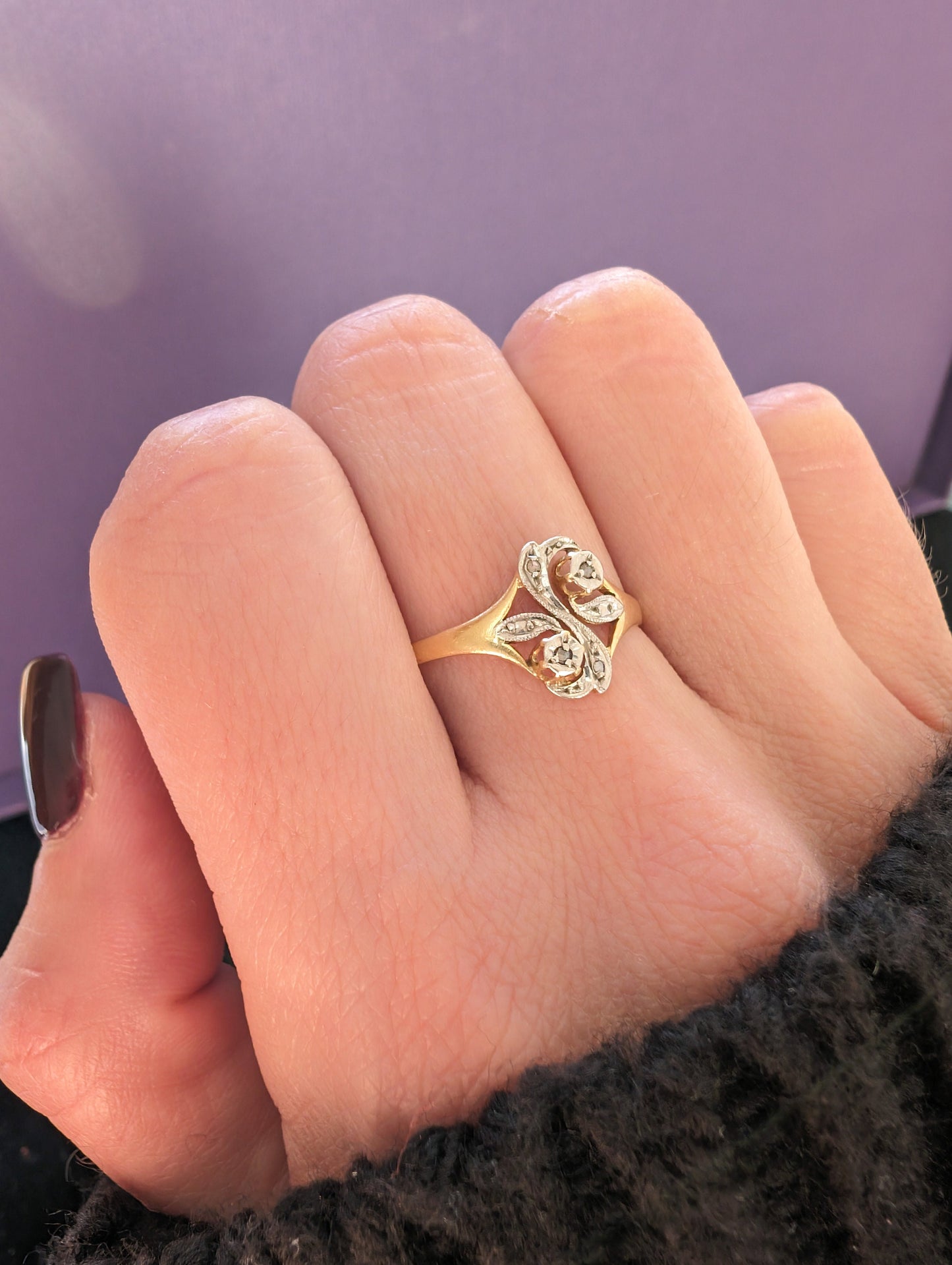 Antique French 14K Gold Diamond Ring: Art Nouveau Floral Design