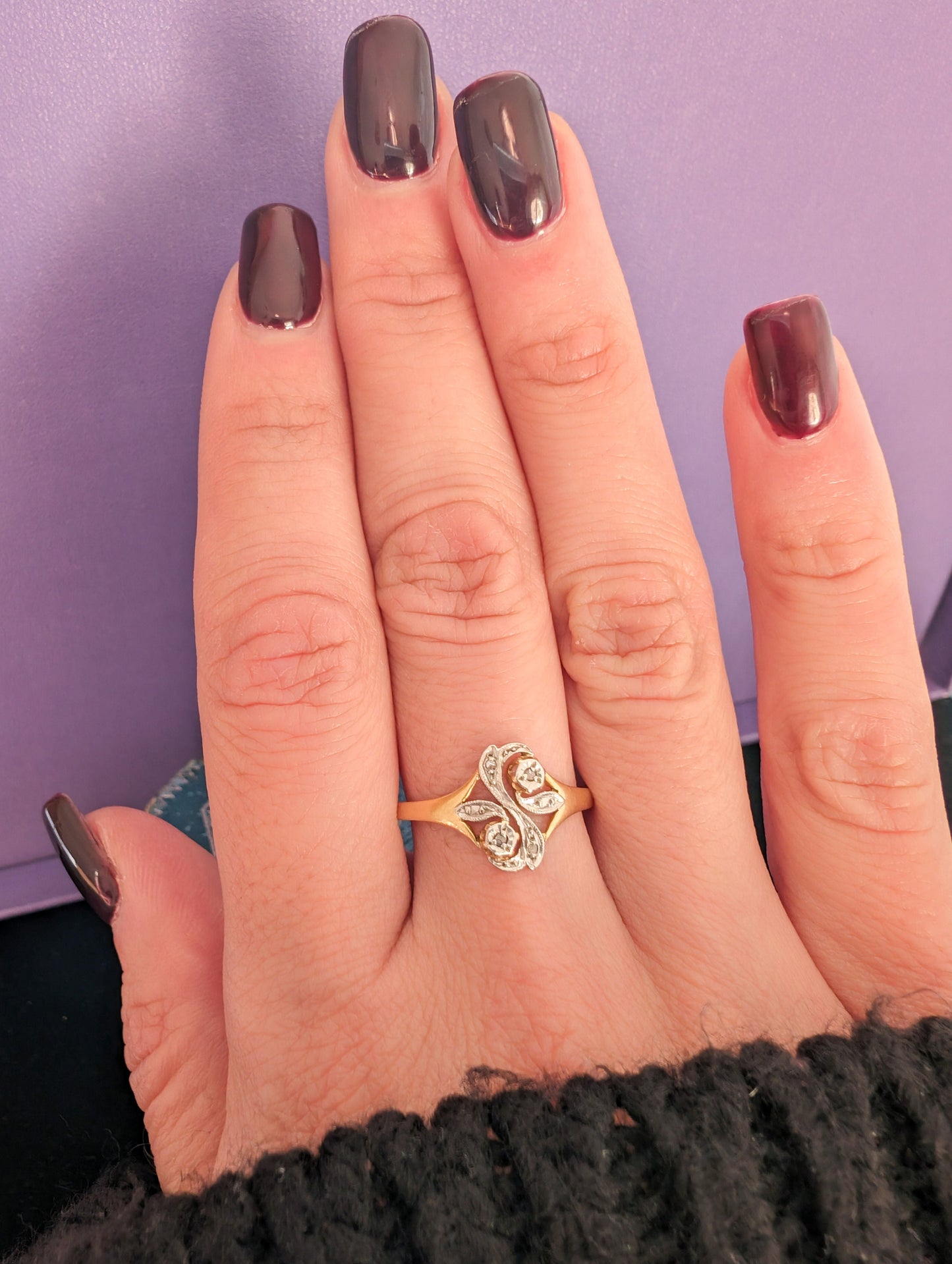 Antique French 14K Gold Diamond Ring: Art Nouveau Floral Design