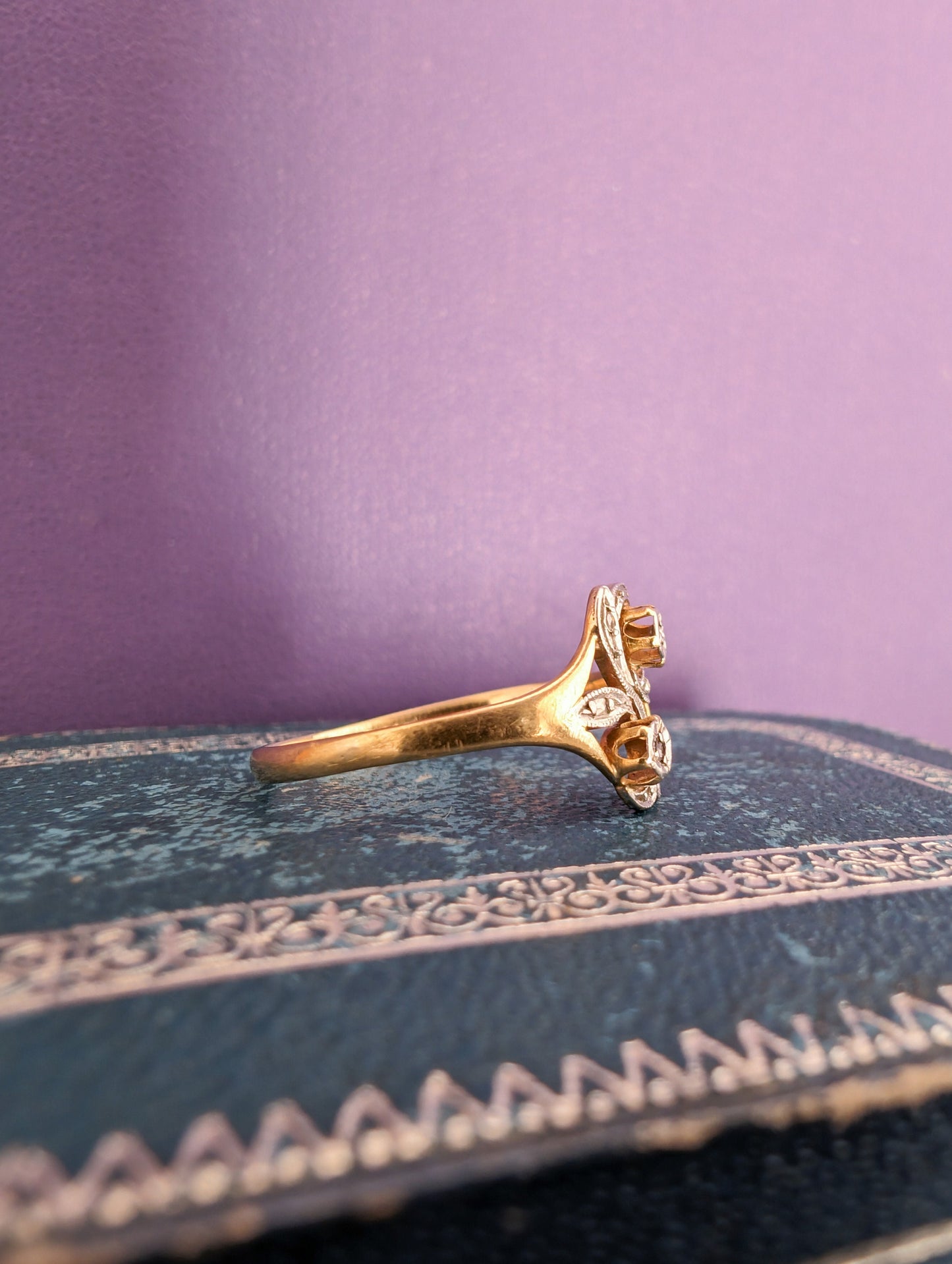 Antique French 14K Gold Diamond Ring: Art Nouveau Floral Design