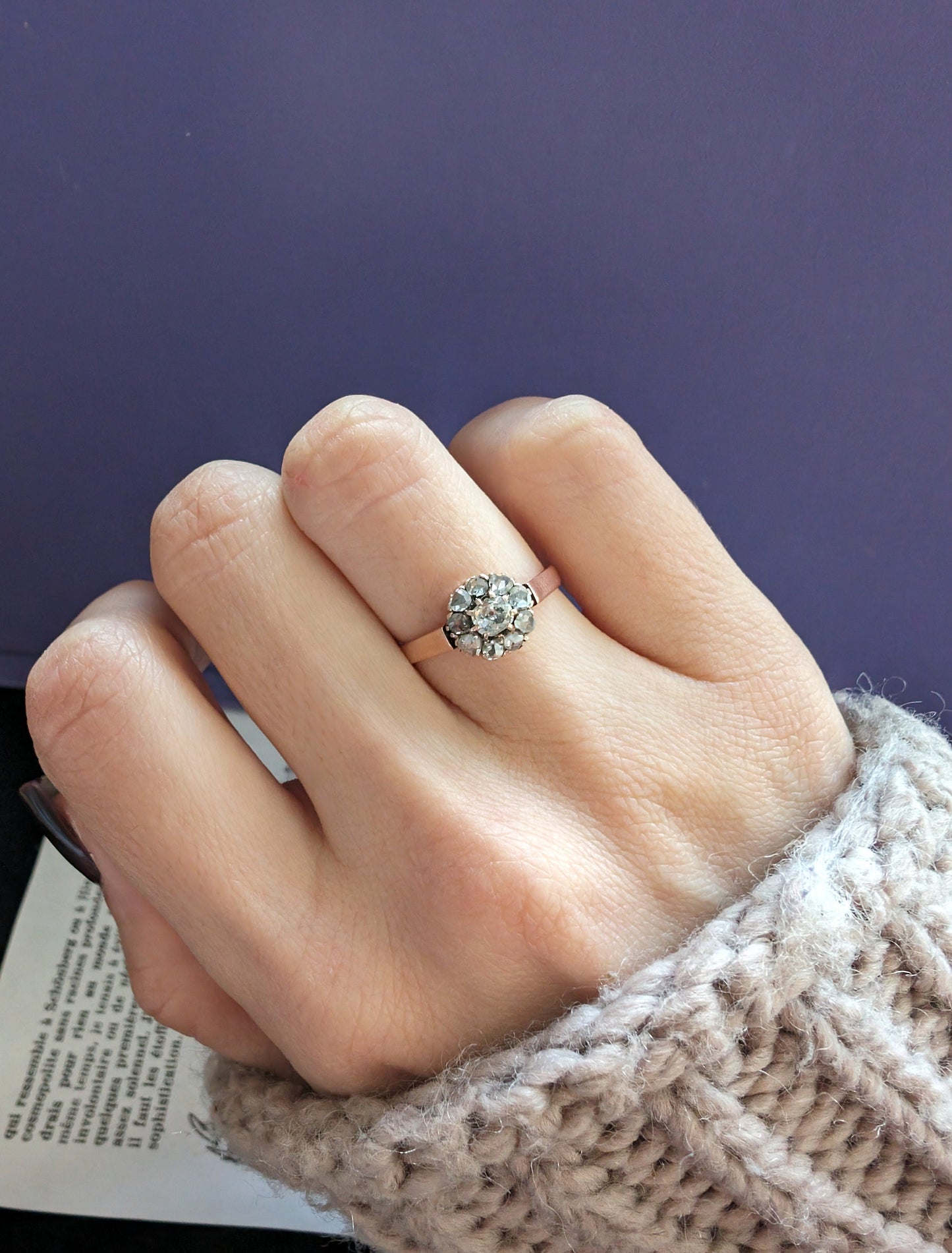 Antique Edwardian 18K Rose Gold Diamond Daisy Cluster Ring
