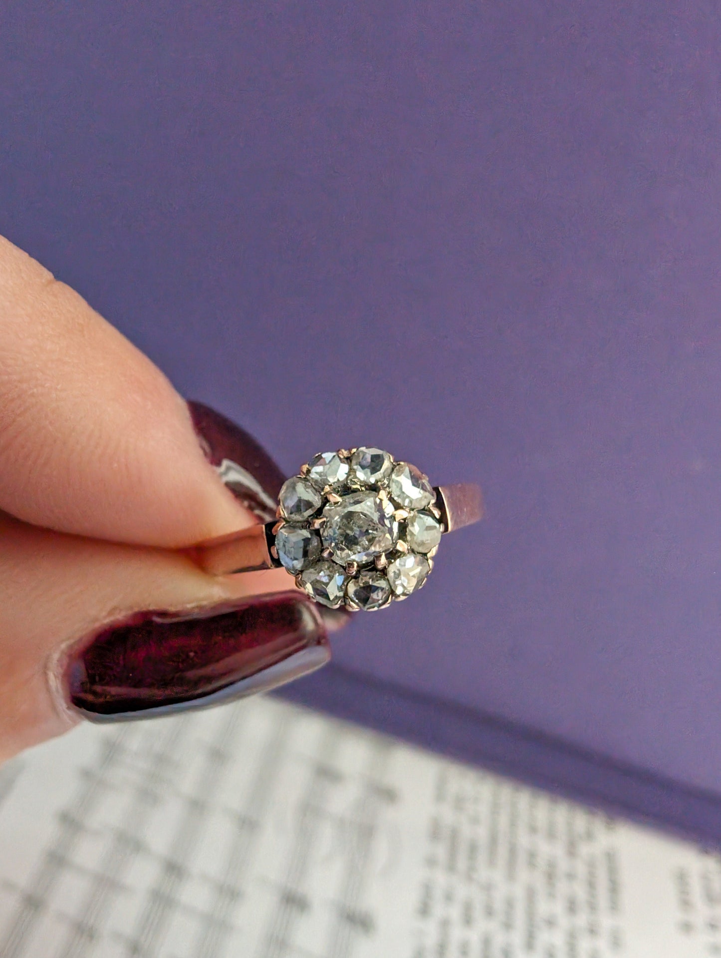 Antique Edwardian 18K Rose Gold Diamond Daisy Cluster Ring