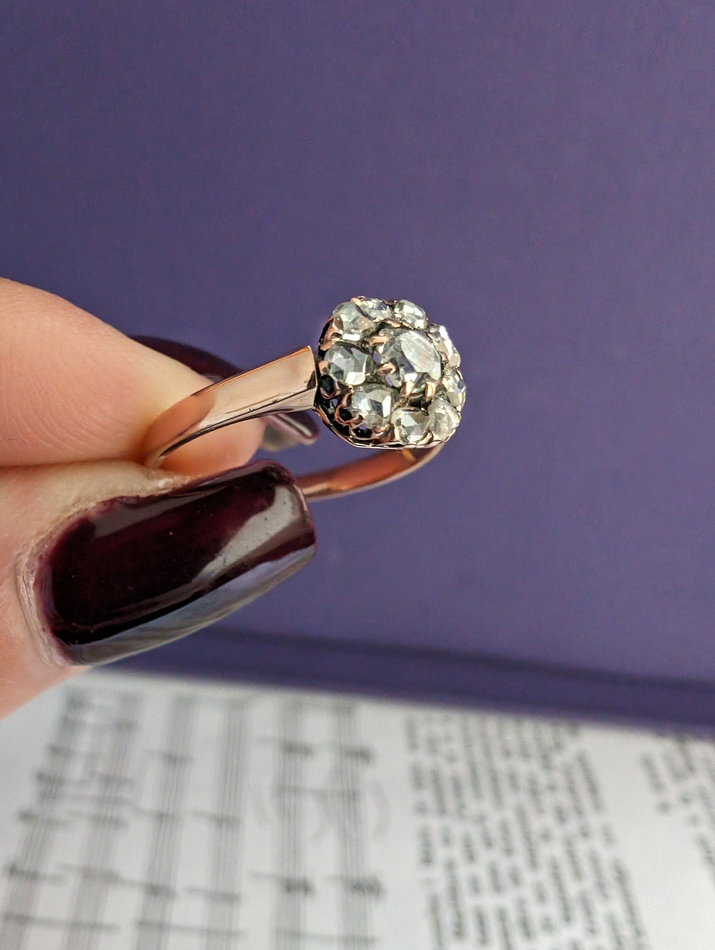 Antique Edwardian 18K Rose Gold Diamond Daisy Cluster Ring