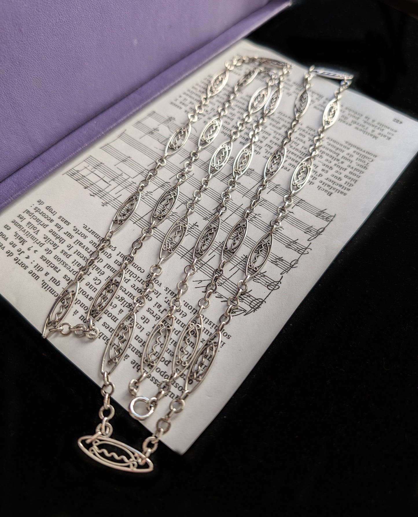 Antique French Silver Filigree Longuard Necklace: Art Nouveau Chain