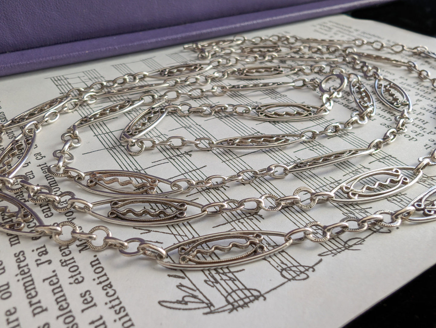 Antique French Silver Filigree Longuard Necklace: Art Nouveau Chain