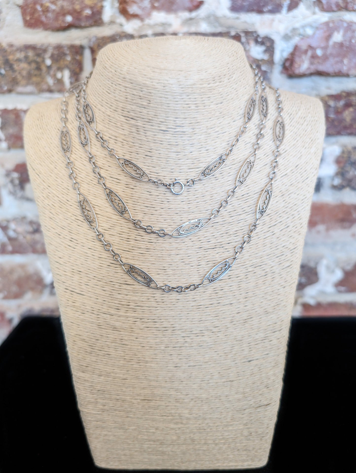 Antique French Silver Filigree Longuard Necklace: Art Nouveau Chain