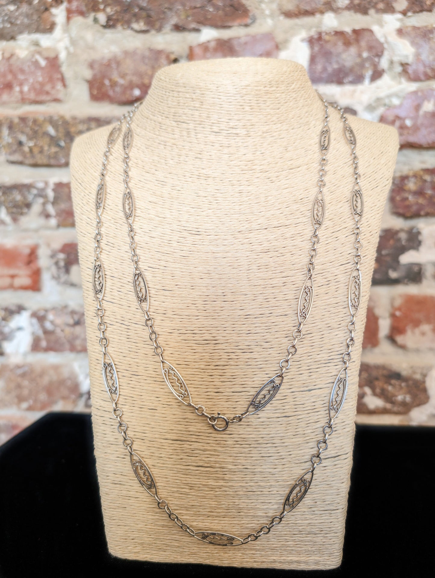 Antique French Silver Filigree Longuard Necklace: Art Nouveau Chain