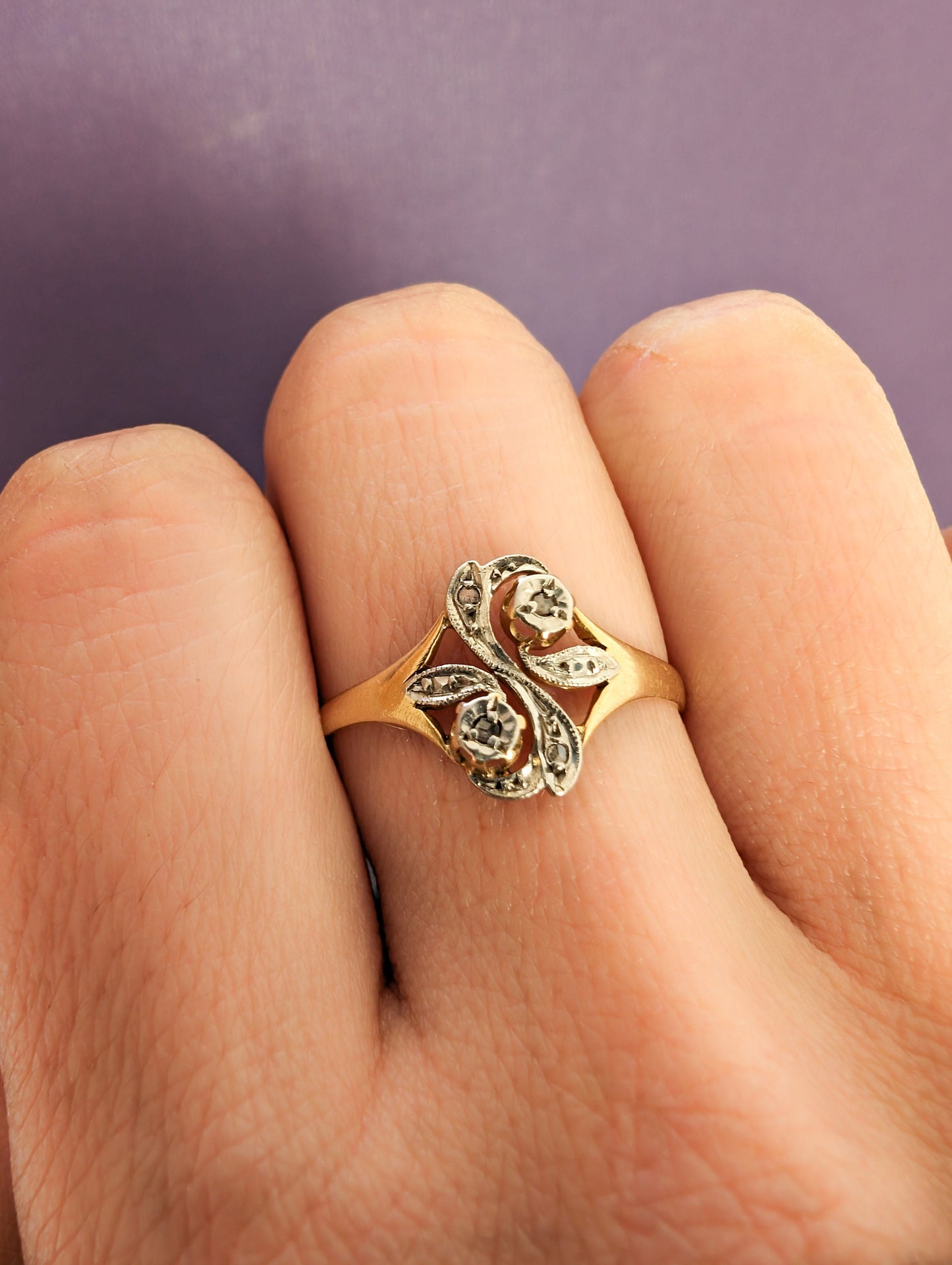 Antique French 14K Gold Diamond Ring: Art Nouveau Floral Design