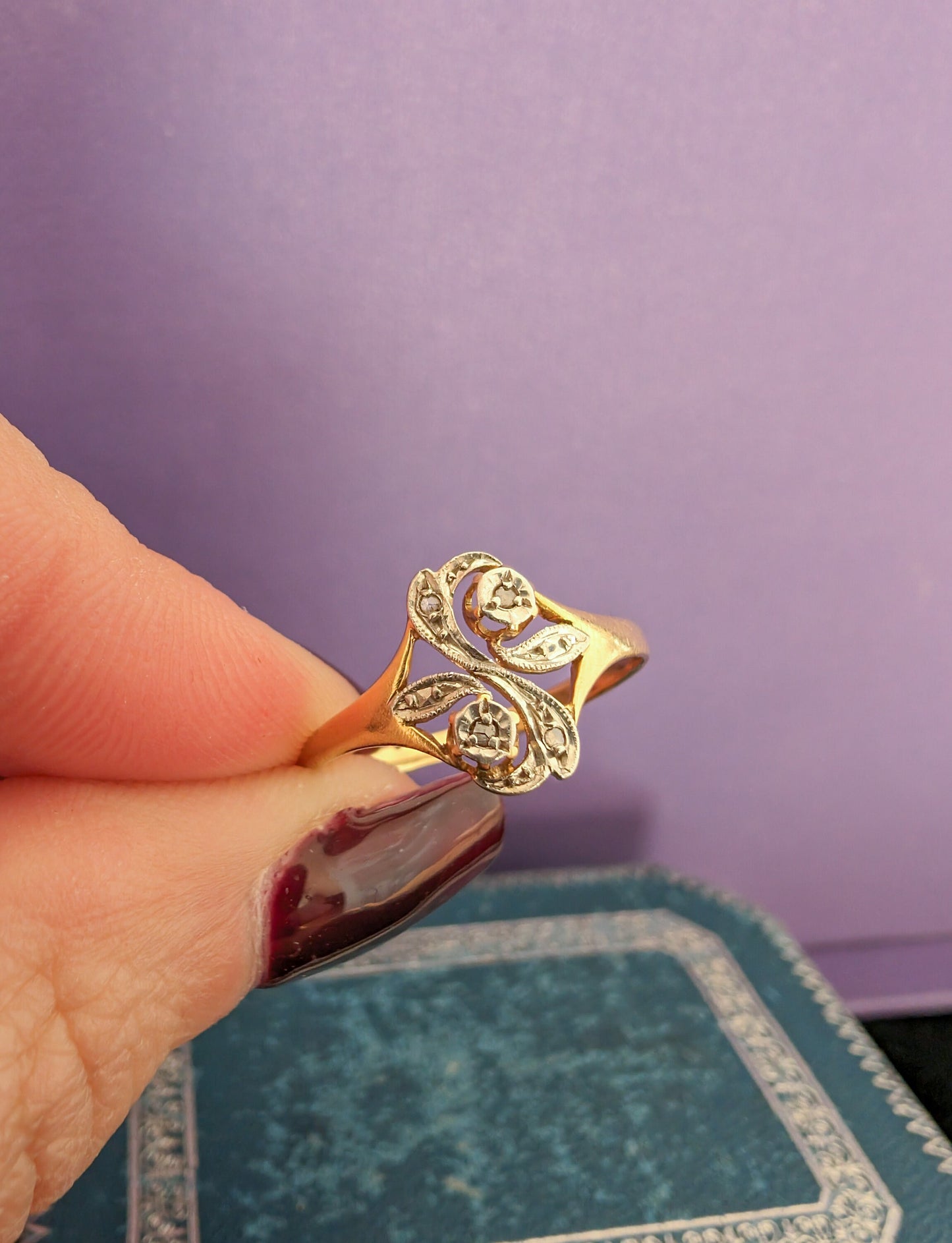 Antique French 14K Gold Diamond Ring: Art Nouveau Floral Design