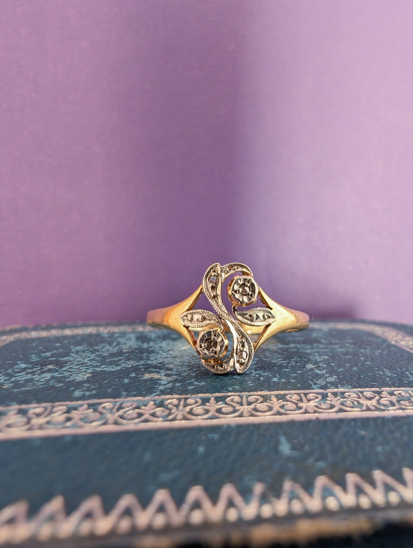 Antique French 14K Gold Diamond Ring: Art Nouveau Floral Design