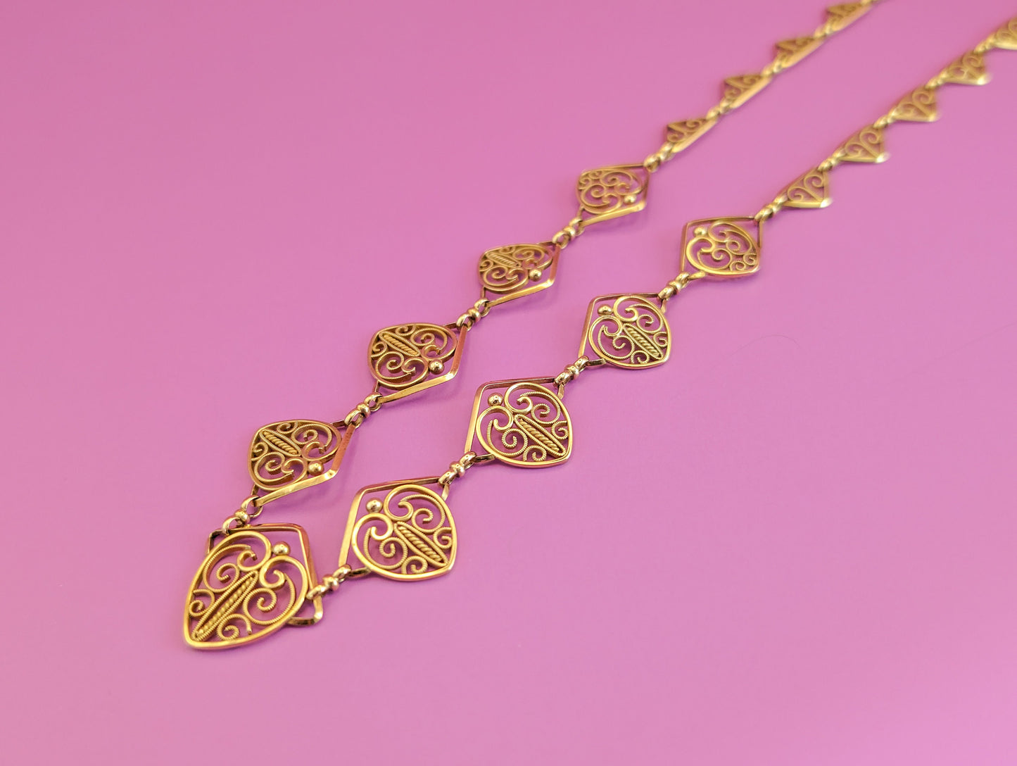 18K Gold Edwardian Filigree Drapery Necklace, Antique French Chain c. 1900s