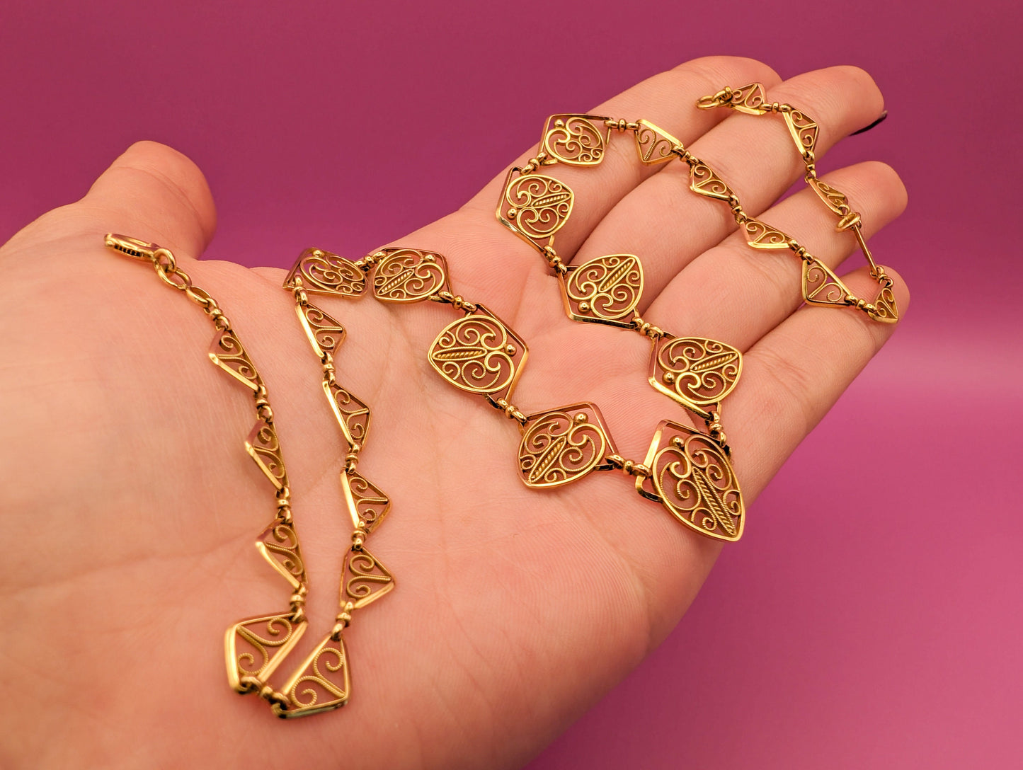 18K Gold Edwardian Filigree Drapery Necklace, Antique French Chain c. 1900s