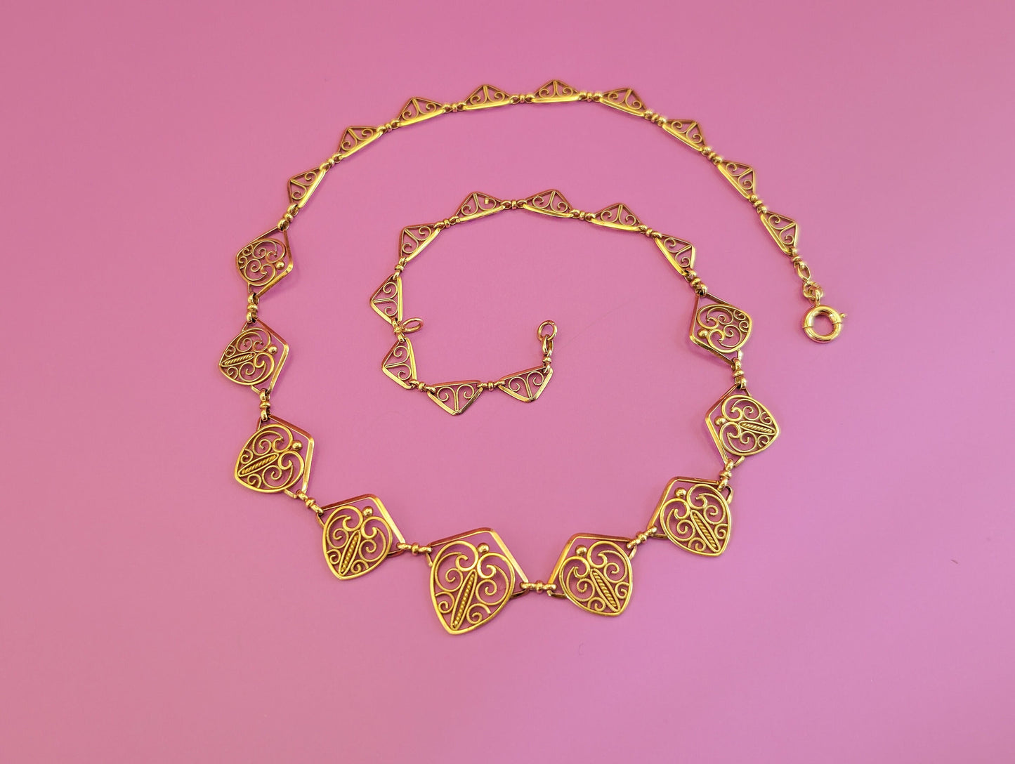 18K Gold Edwardian Filigree Drapery Necklace, Antique French Chain c. 1900s