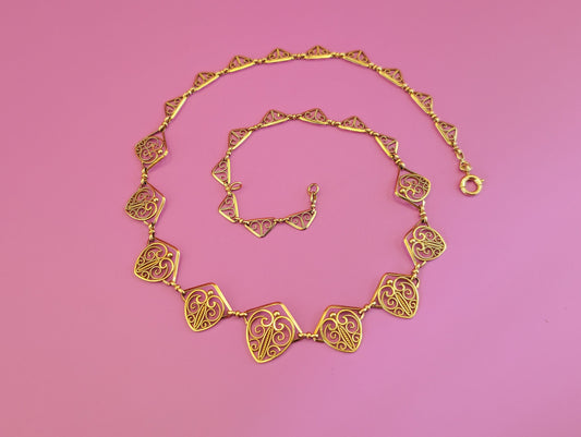 18K Gold Edwardian Filigree Drapery Necklace, Antique French Chain c. 1900s
