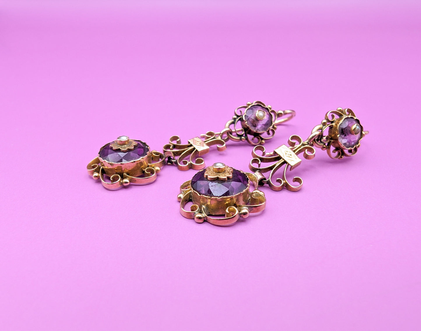 18K Gold Victorian Amethyst Dangle Earrings with Pearl