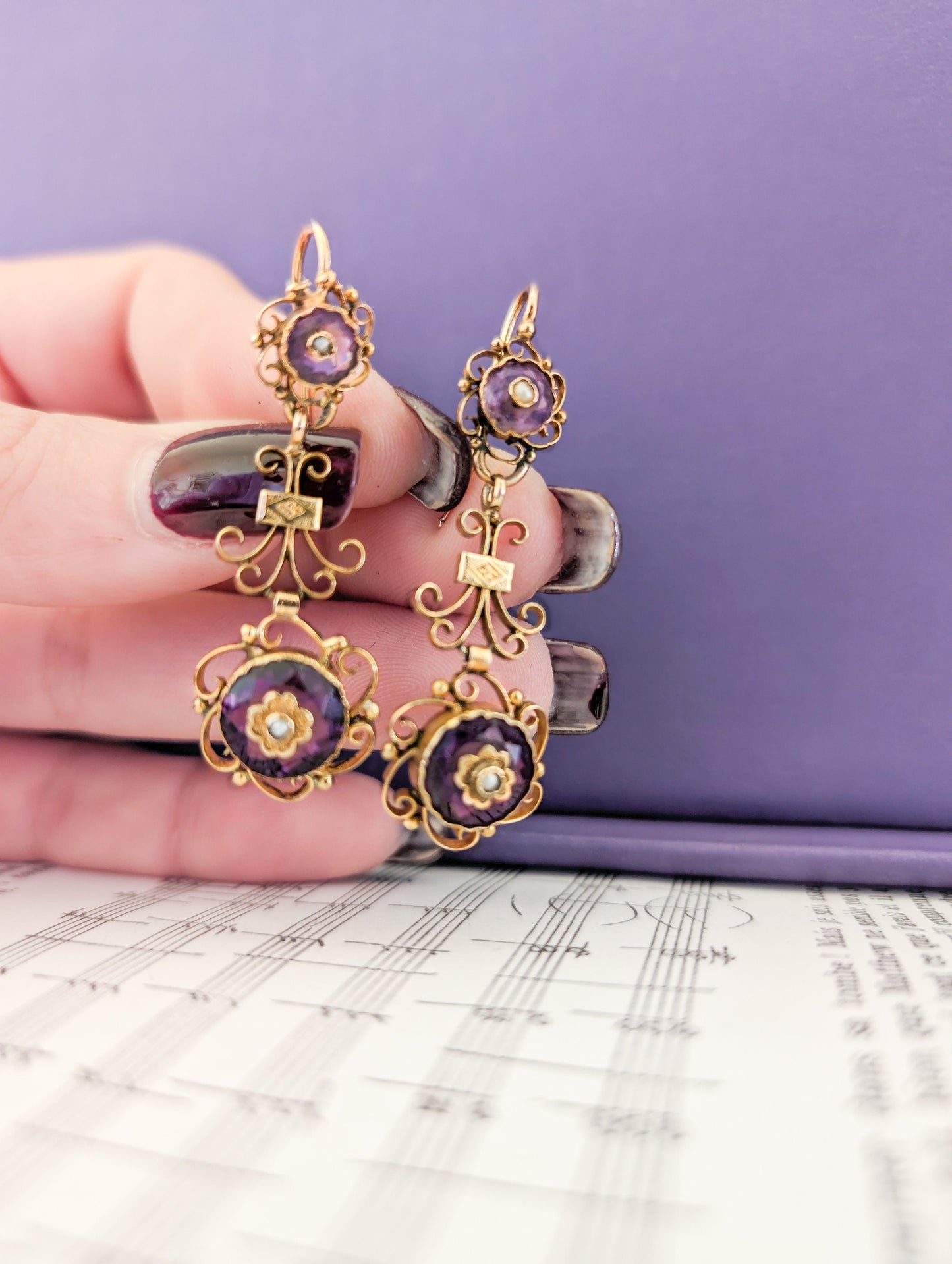 18K Gold Victorian Amethyst Dangle Earrings with Pearl