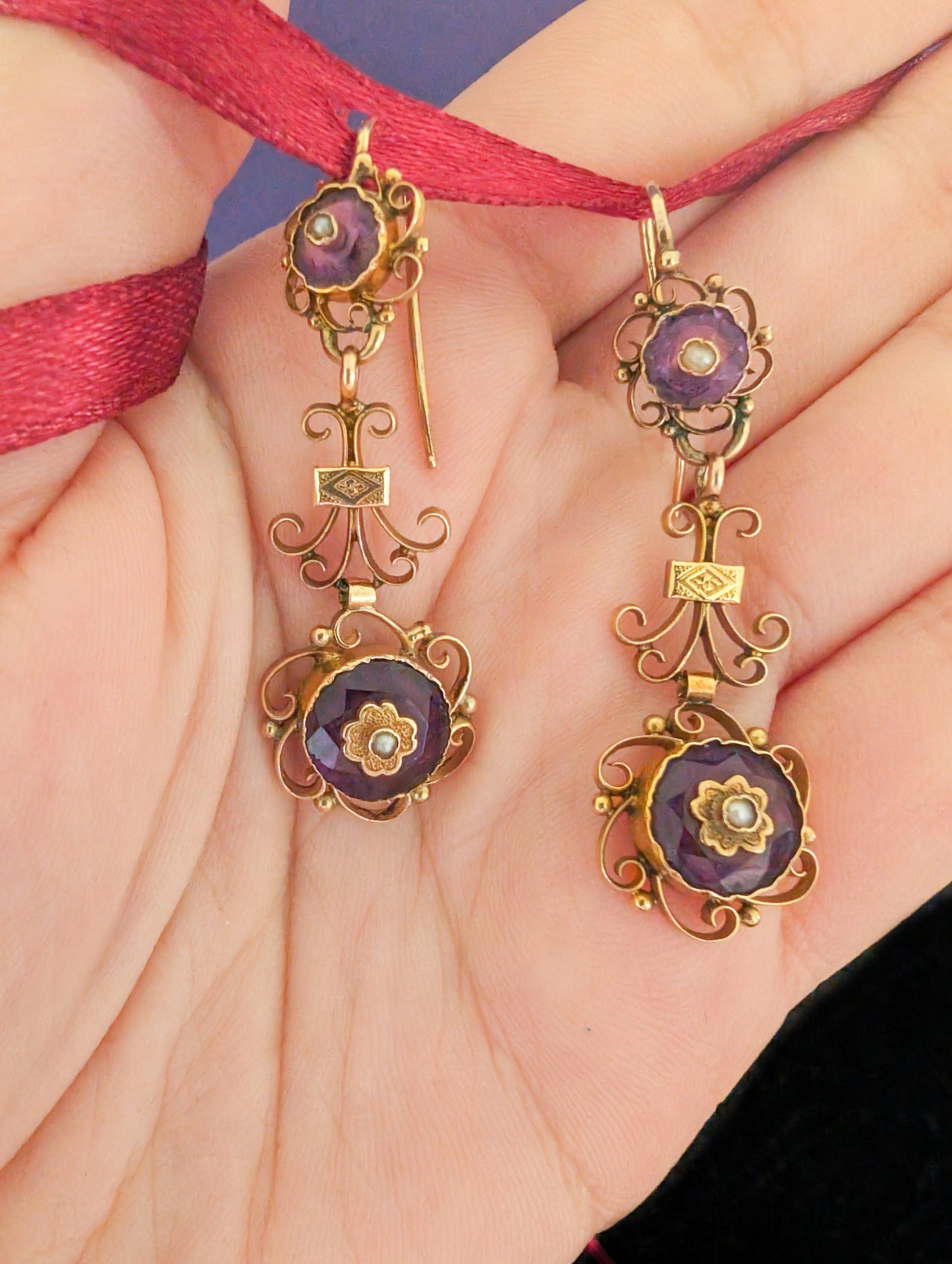 18K Gold Victorian Amethyst Dangle Earrings with Pearl