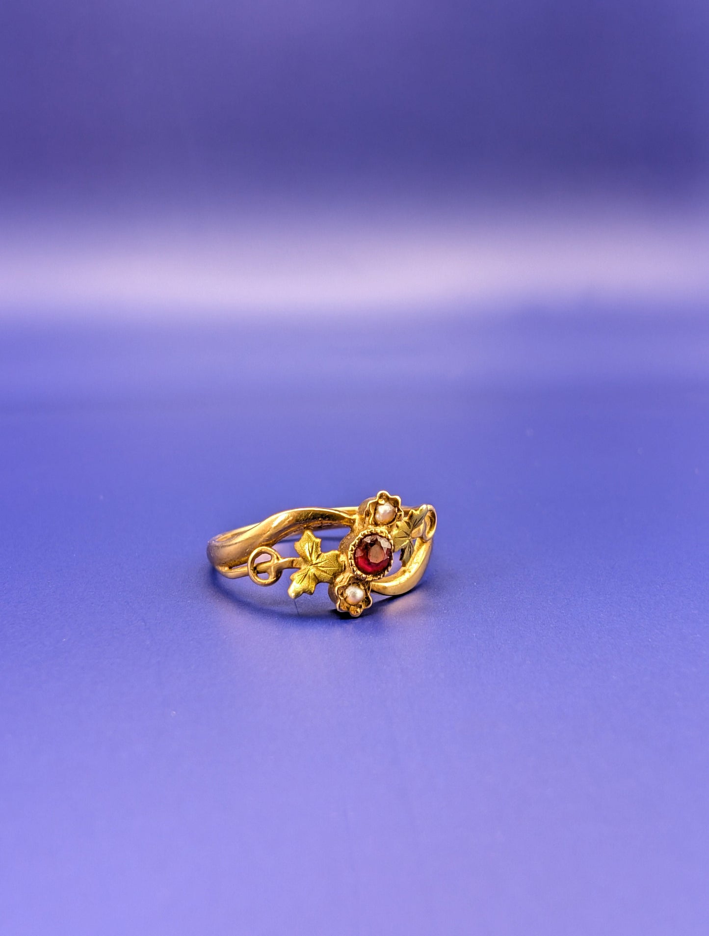 18K Gold Art Nouveau Ring: Antique French Ruby Pearl Ring