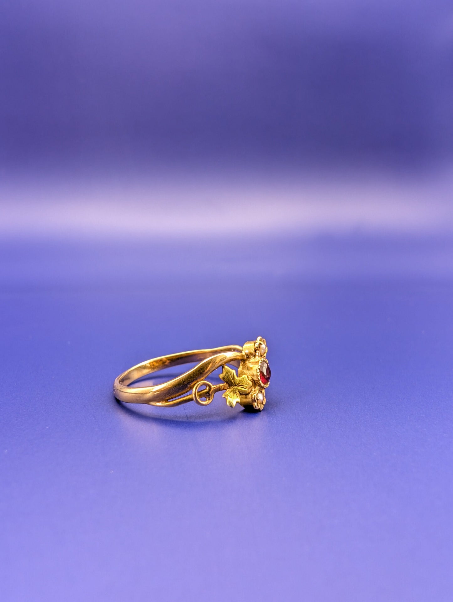 18K Gold Art Nouveau Ring: Antique French Ruby Pearl Ring