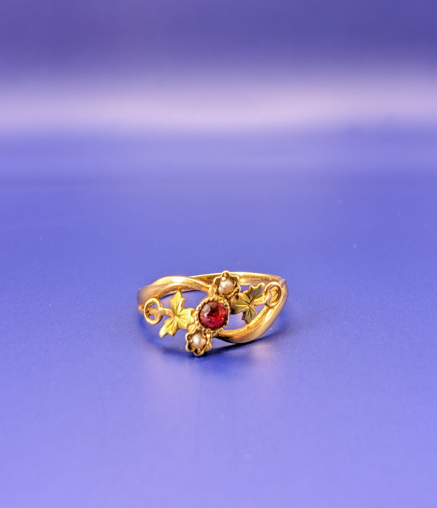 18K Gold Art Nouveau Ring: Antique French Ruby Pearl Ring