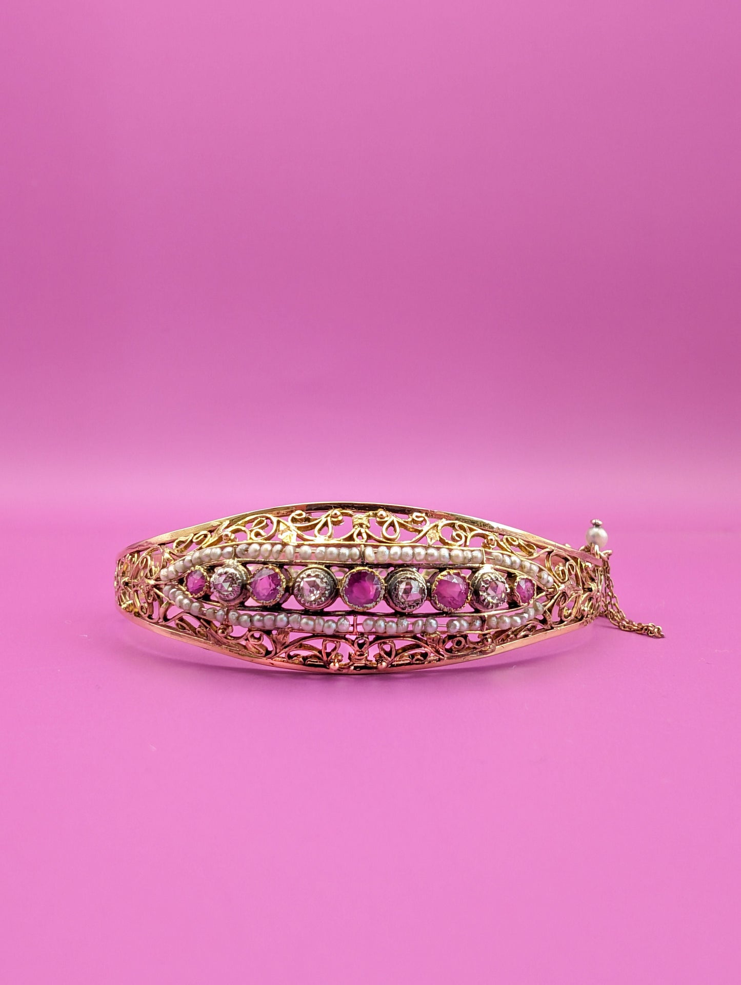 Antique 18K Gold Diamond & Pearl Bangle Bracelet, Belle Epoque French Jewelry