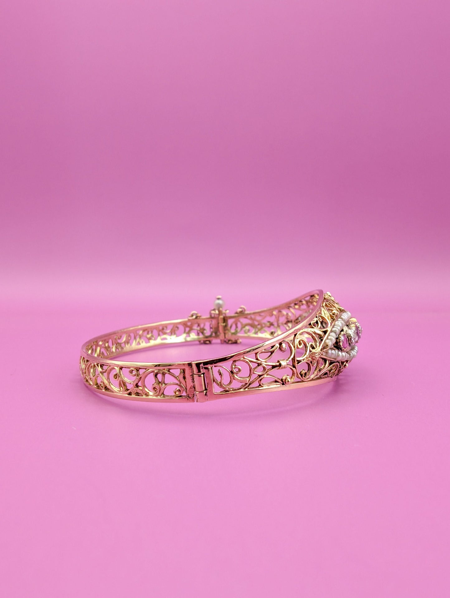 Antique 18K Gold Diamond & Pearl Bangle Bracelet, Belle Epoque French Jewelry