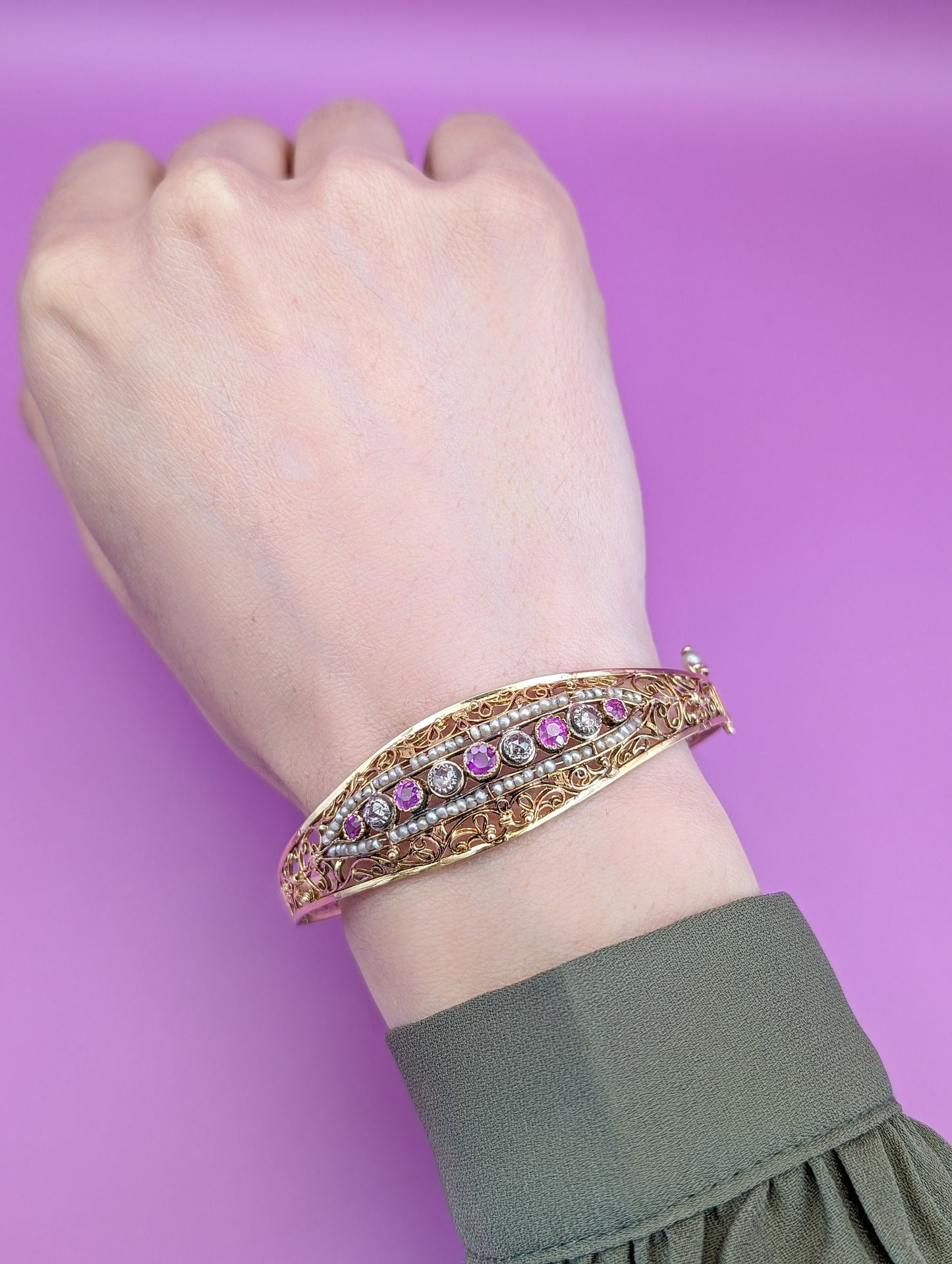 Antique 18K Gold Diamond & Pearl Bangle Bracelet, Belle Epoque French Jewelry