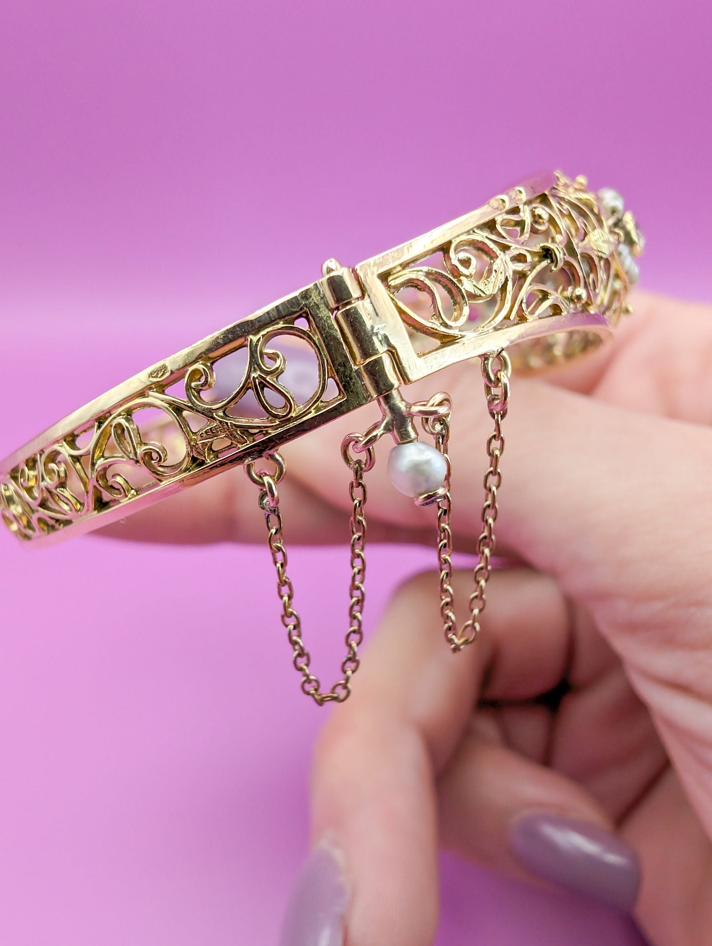 Antique 18K Gold Diamond & Pearl Bangle Bracelet, Belle Epoque French Jewelry
