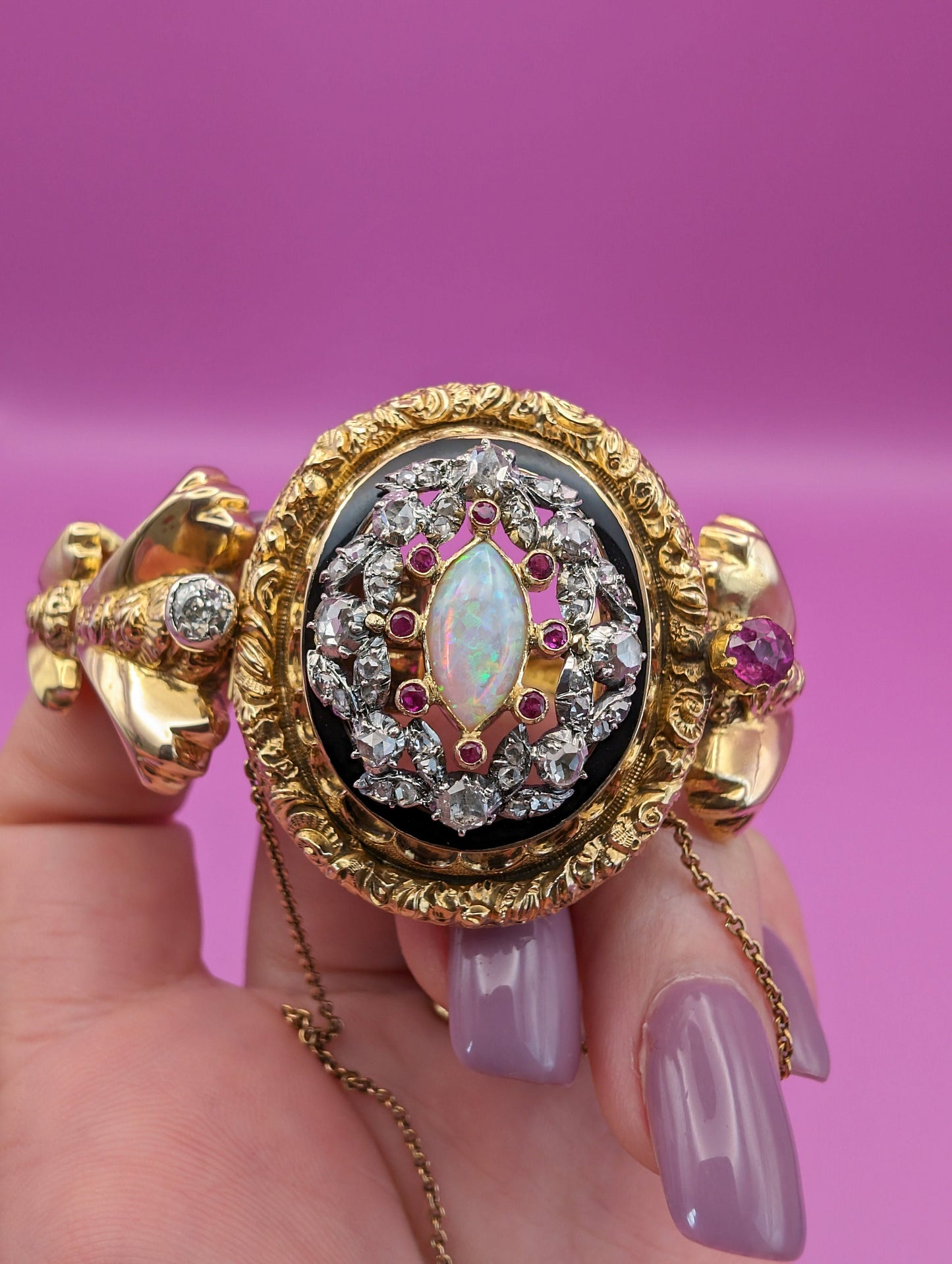 Antique 18K Gold Diamond Opal Ruby Bangle Bracelet: Victorian Napoleon III Era