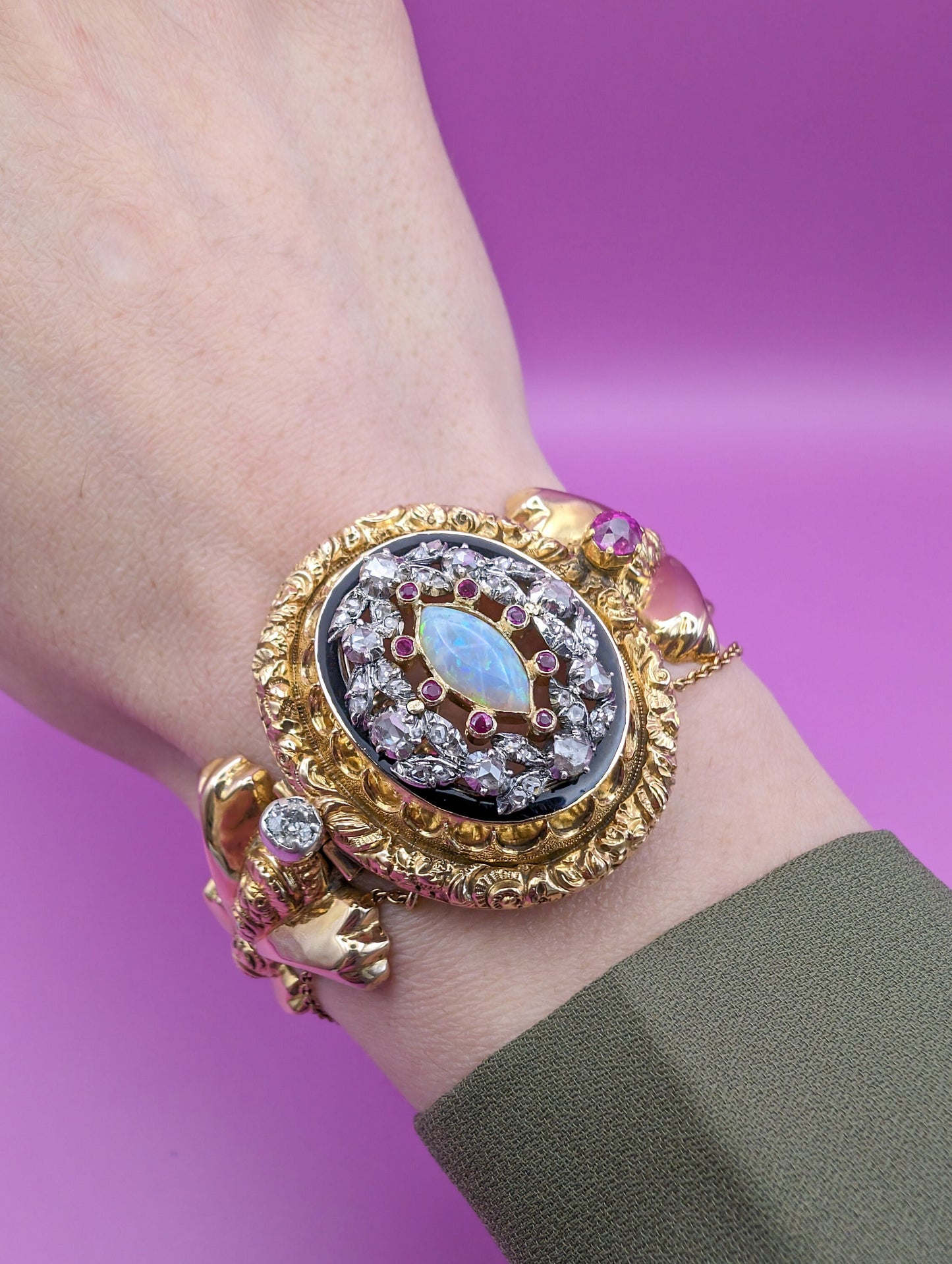 Antique 18K Gold Diamond Opal Ruby Bangle Bracelet: Victorian Napoleon III Era