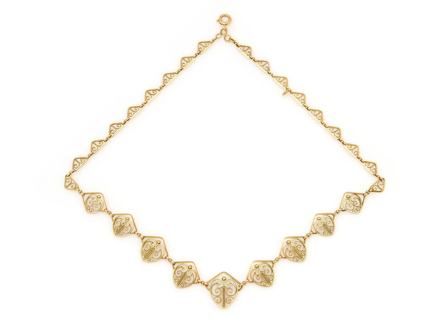 18K Gold Edwardian Filigree Drapery Necklace, Antique French Chain c. 1900s