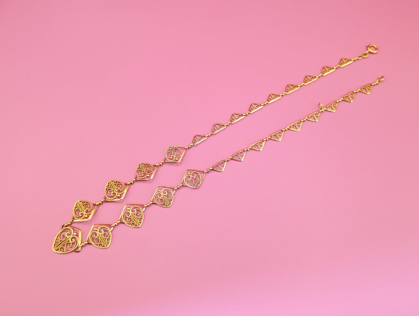 18K Gold Edwardian Filigree Drapery Necklace, Antique French Chain c. 1900s