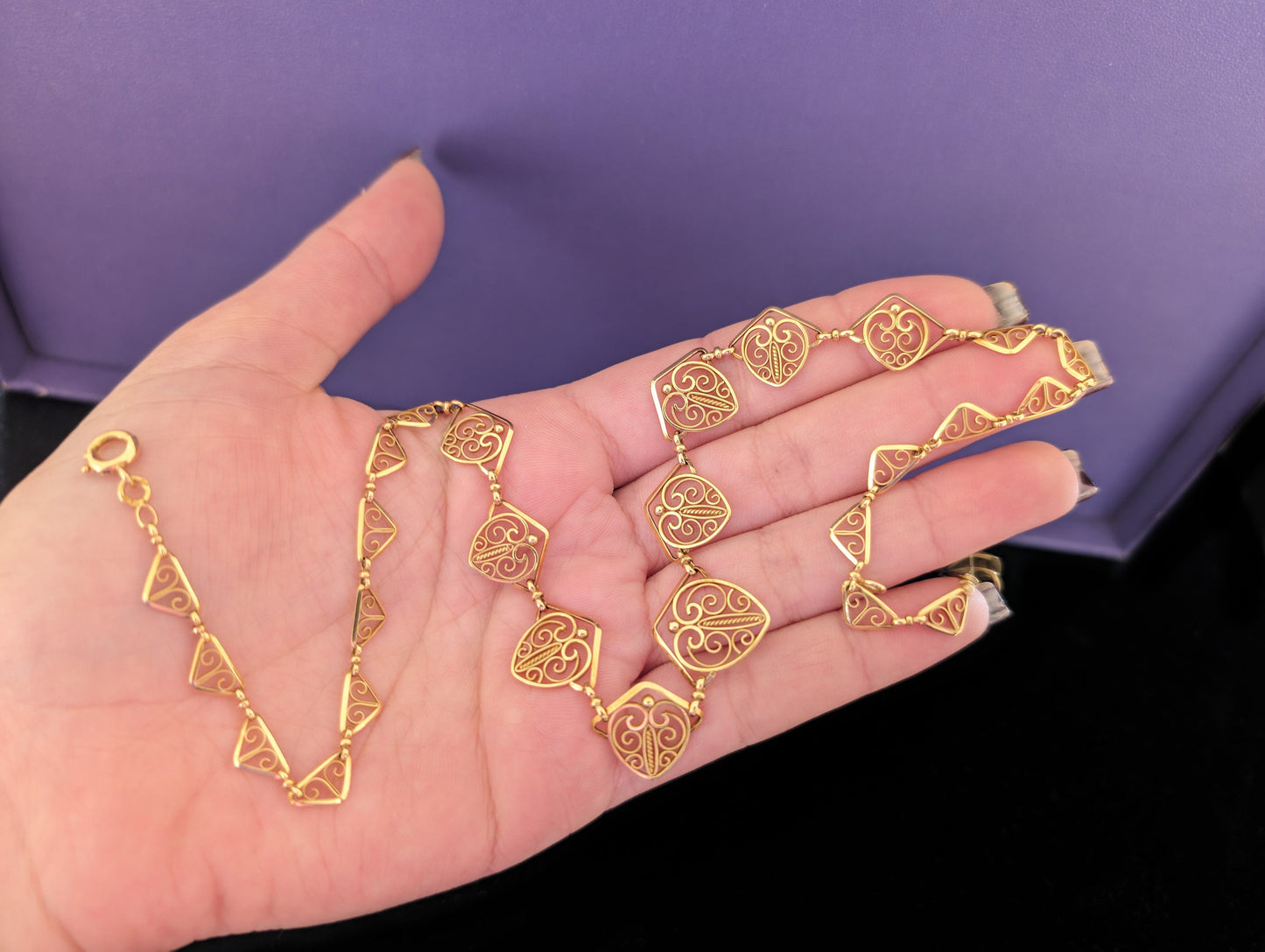 18K Gold Edwardian Filigree Drapery Necklace, Antique French Chain c. 1900s