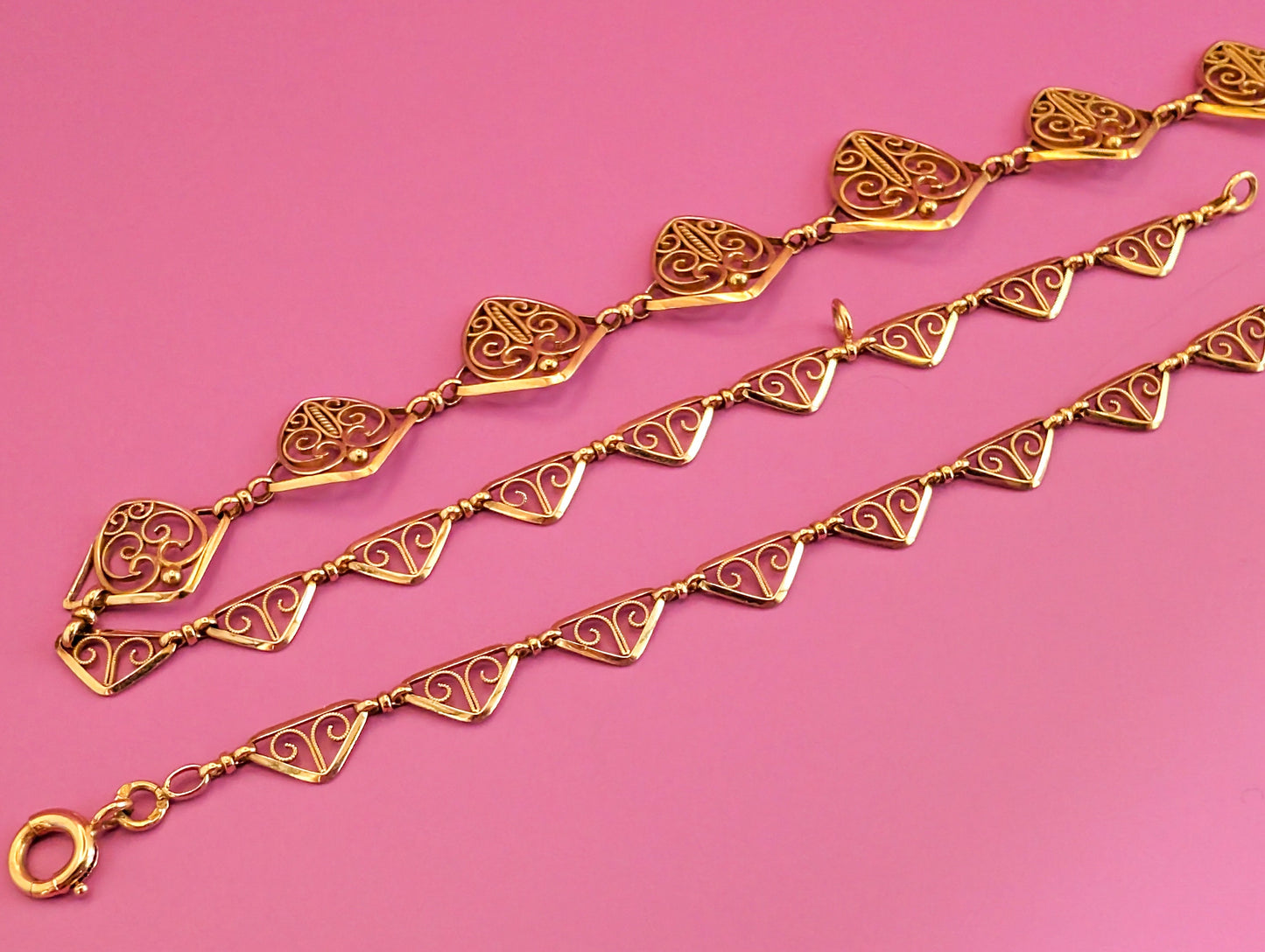 18K Gold Edwardian Filigree Drapery Necklace, Antique French Chain c. 1900s