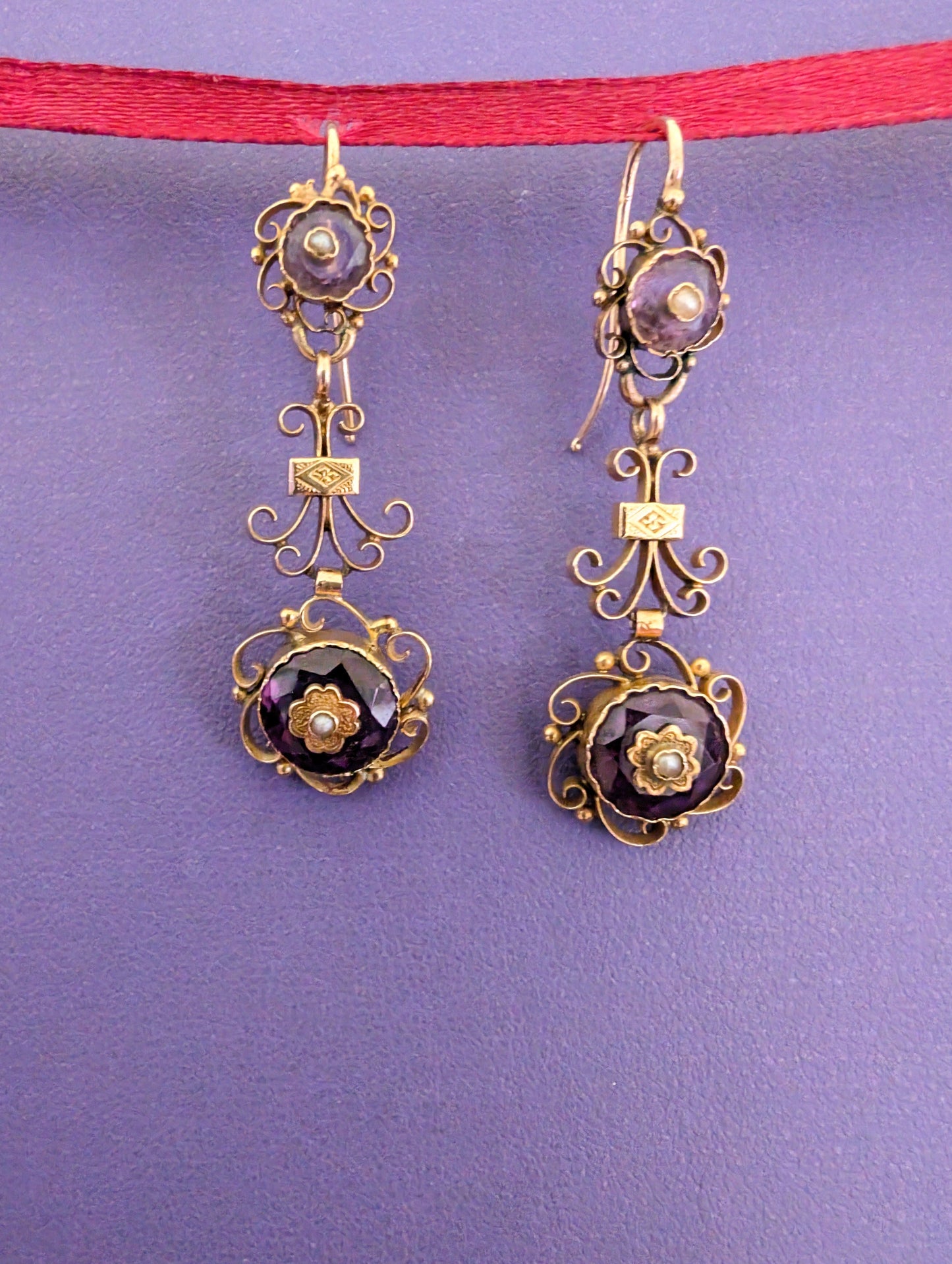 18K Gold Victorian Amethyst Dangle Earrings with Pearl