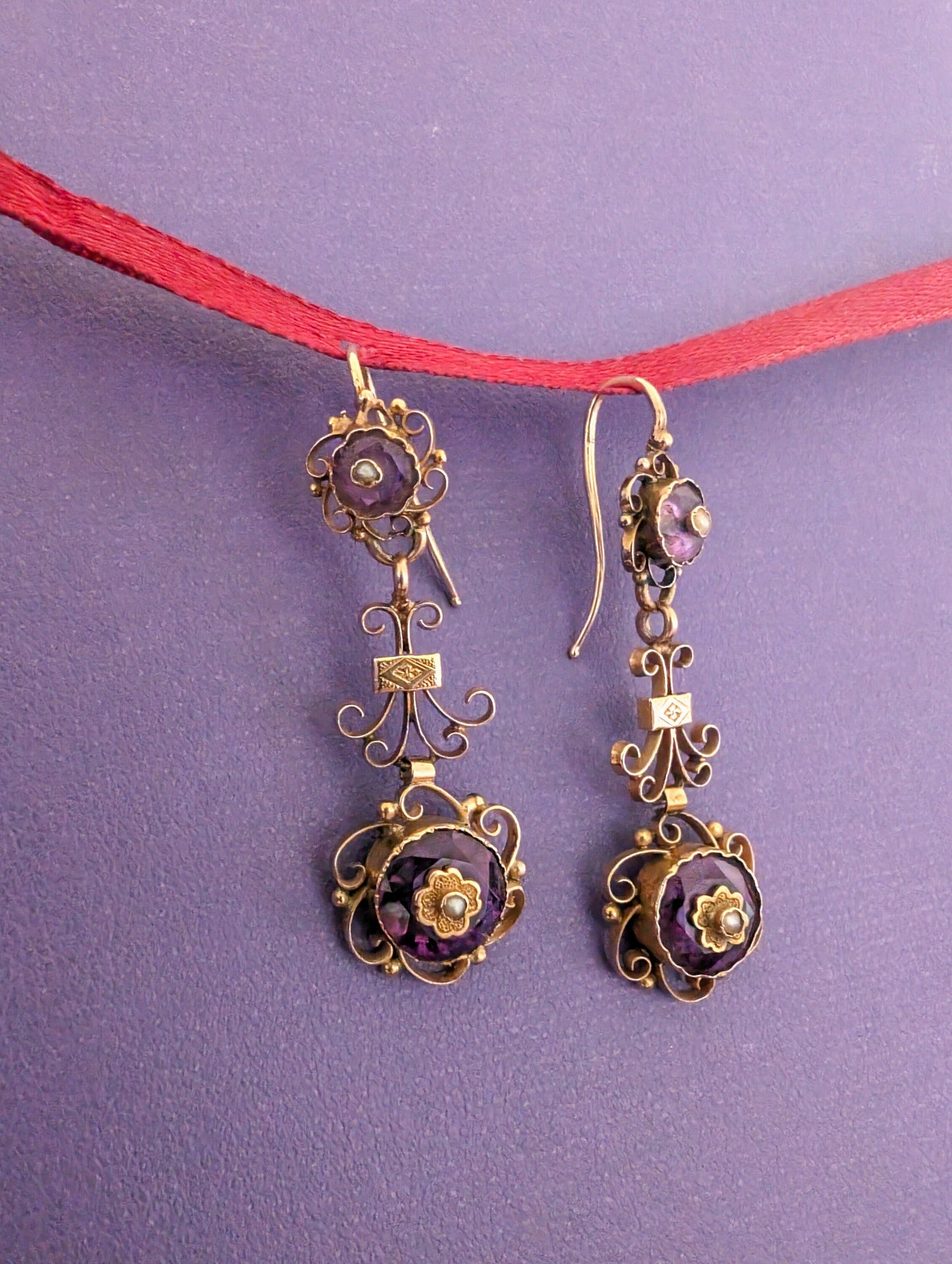 18K Gold Victorian Amethyst Dangle Earrings with Pearl